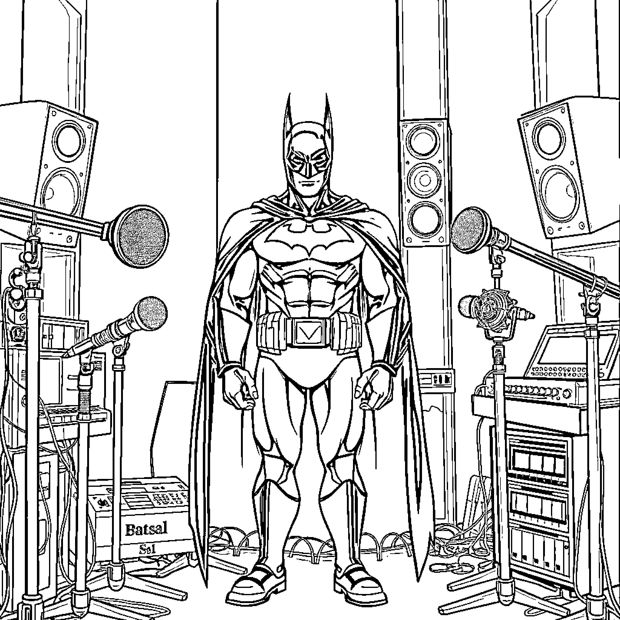 Batman posing heroically in a music studio Coloring Page (free black-and-white line drawing printable PDF for all, from beginners to advanced learners, including children, teens, adults, and seniors)