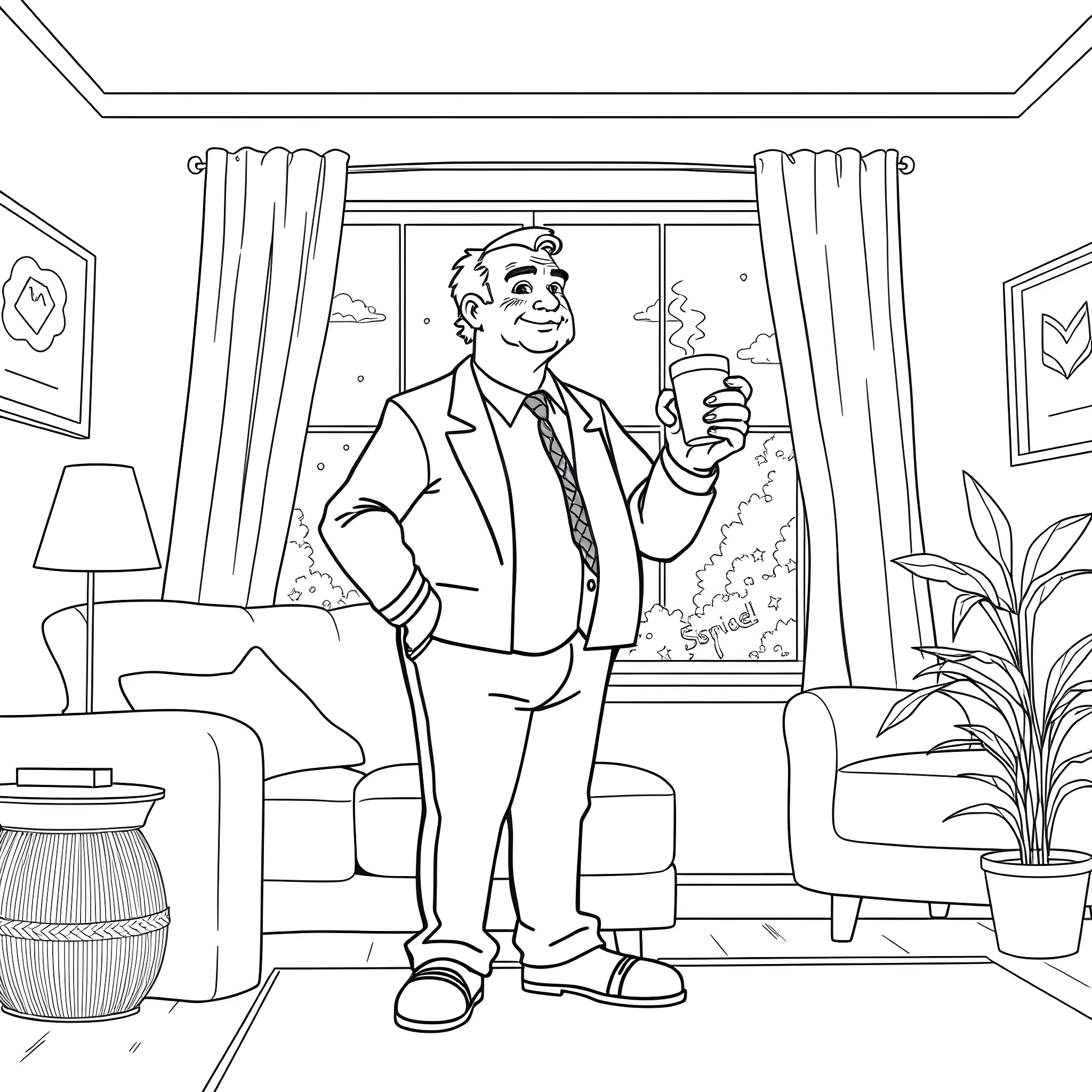 Stan Smith enjoying a hot beverage in his cozy home Coloring Page (free black-and-white line drawing printable PDF for all, from beginners to advanced learners, including children, teens, adults, and seniors)