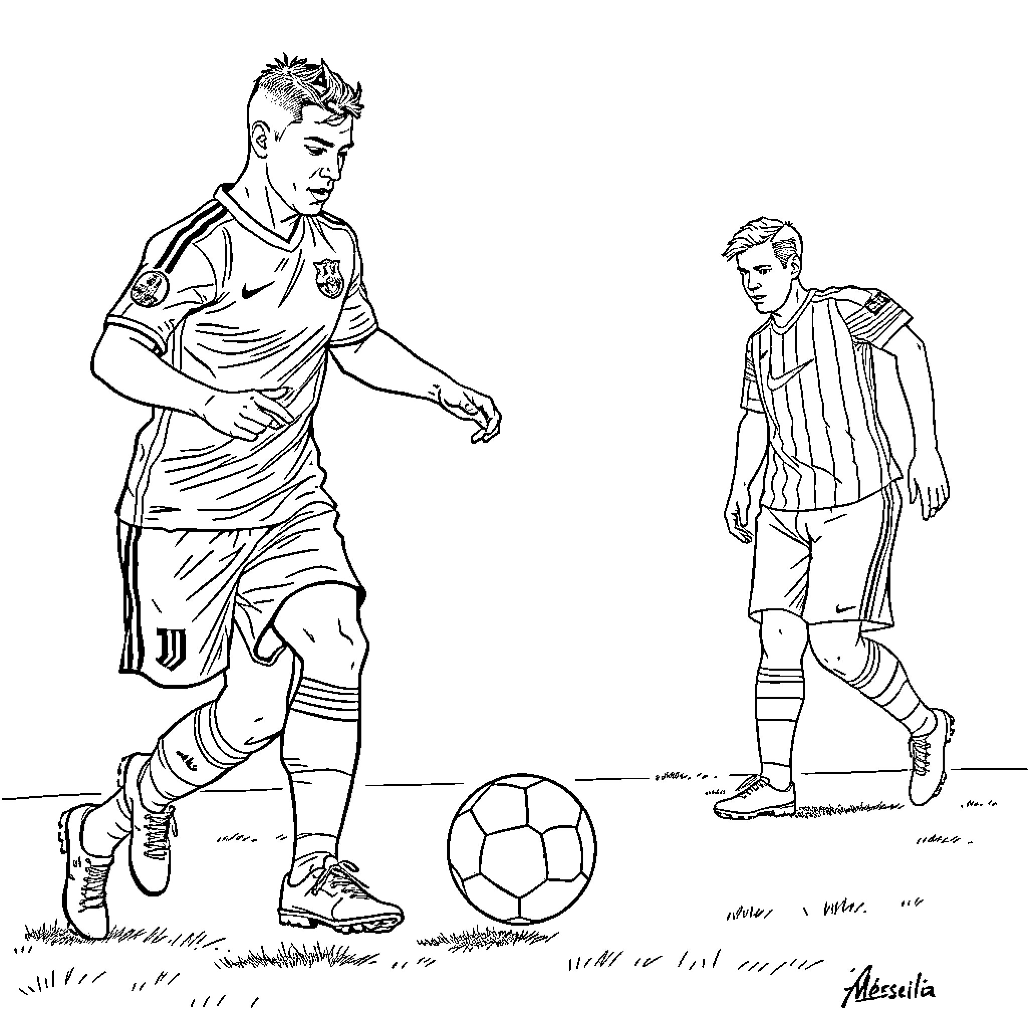 Ronaldo in Action: Soccer Players on the Field Coloring Page (free black-and-white line drawing printable PDF for all, from beginners to advanced learners, including children, teens, adults, and seniors)