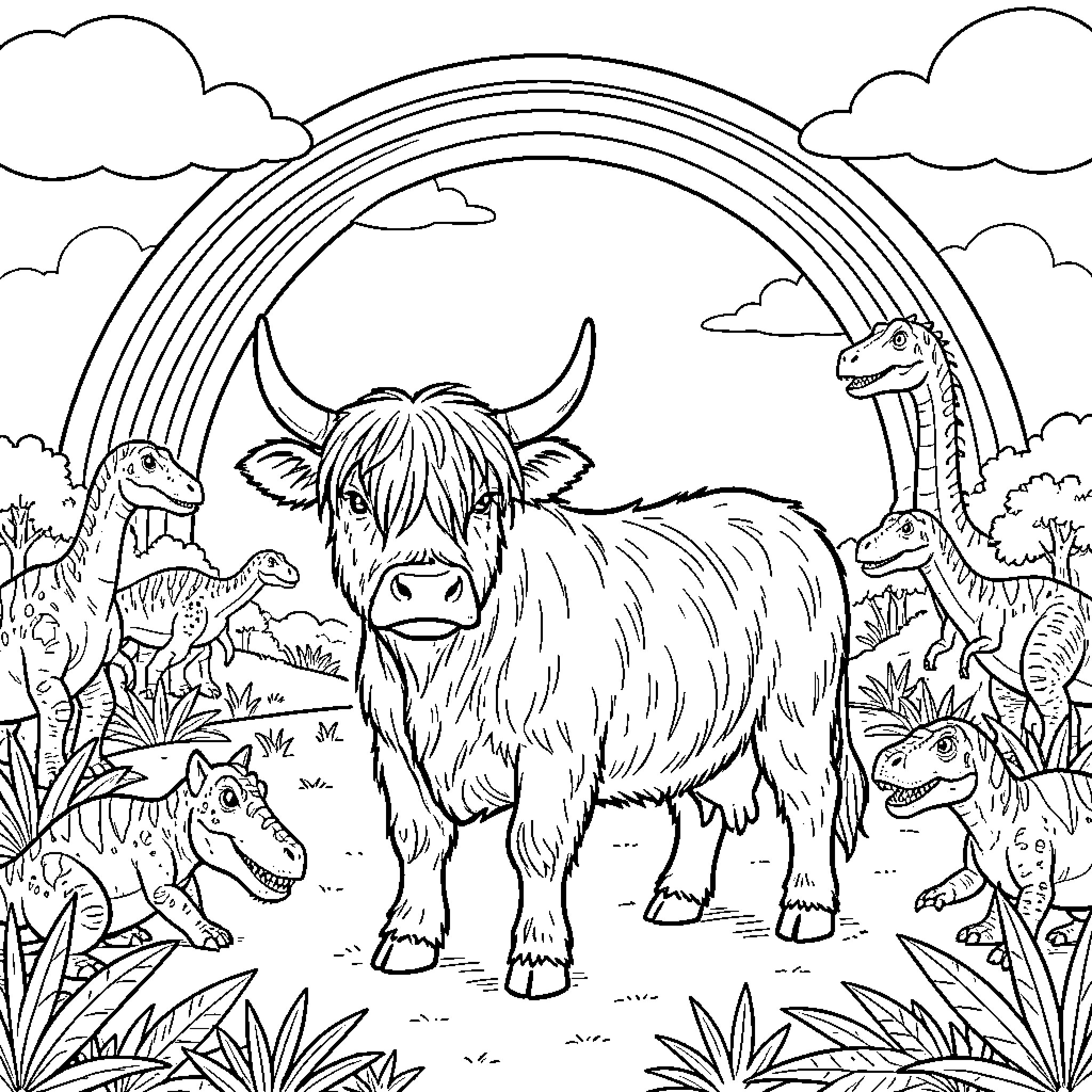 Highland Cow standing amidst dinosaurs under a rainbow Coloring Page (free black-and-white line drawing printable PDF for all, from beginners to advanced learners, including children, teens, adults, and seniors)