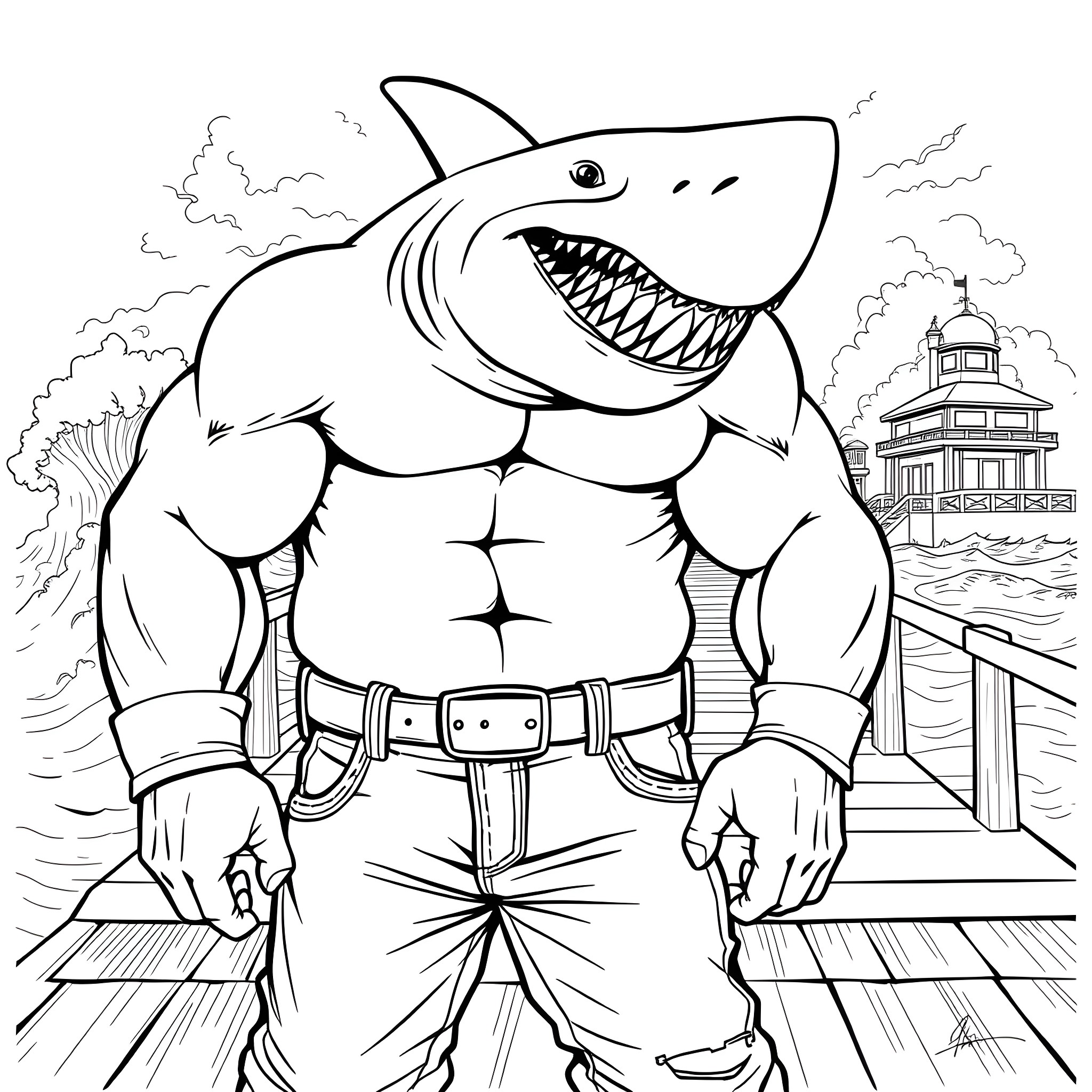 Shark Attacking Dock with Menacing Expression Coloring Page (free black-and-white line drawing printable PDF for all, from beginners to advanced learners, including children, teens, adults, and seniors)