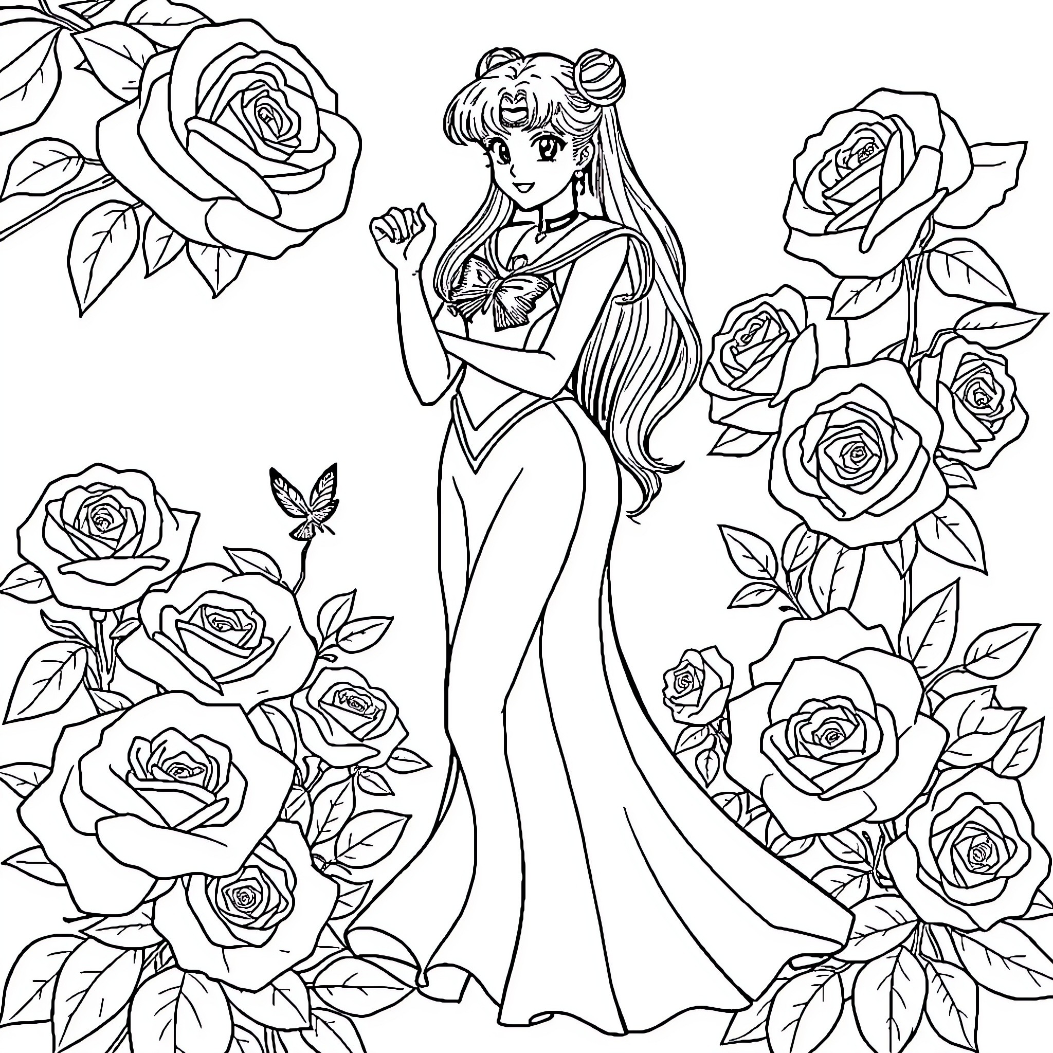 Sailor Pluto in a flowery garden Coloring Page (free black-and-white line drawing printable PDF for all, from beginners to advanced learners, including children, teens, adults, and seniors)