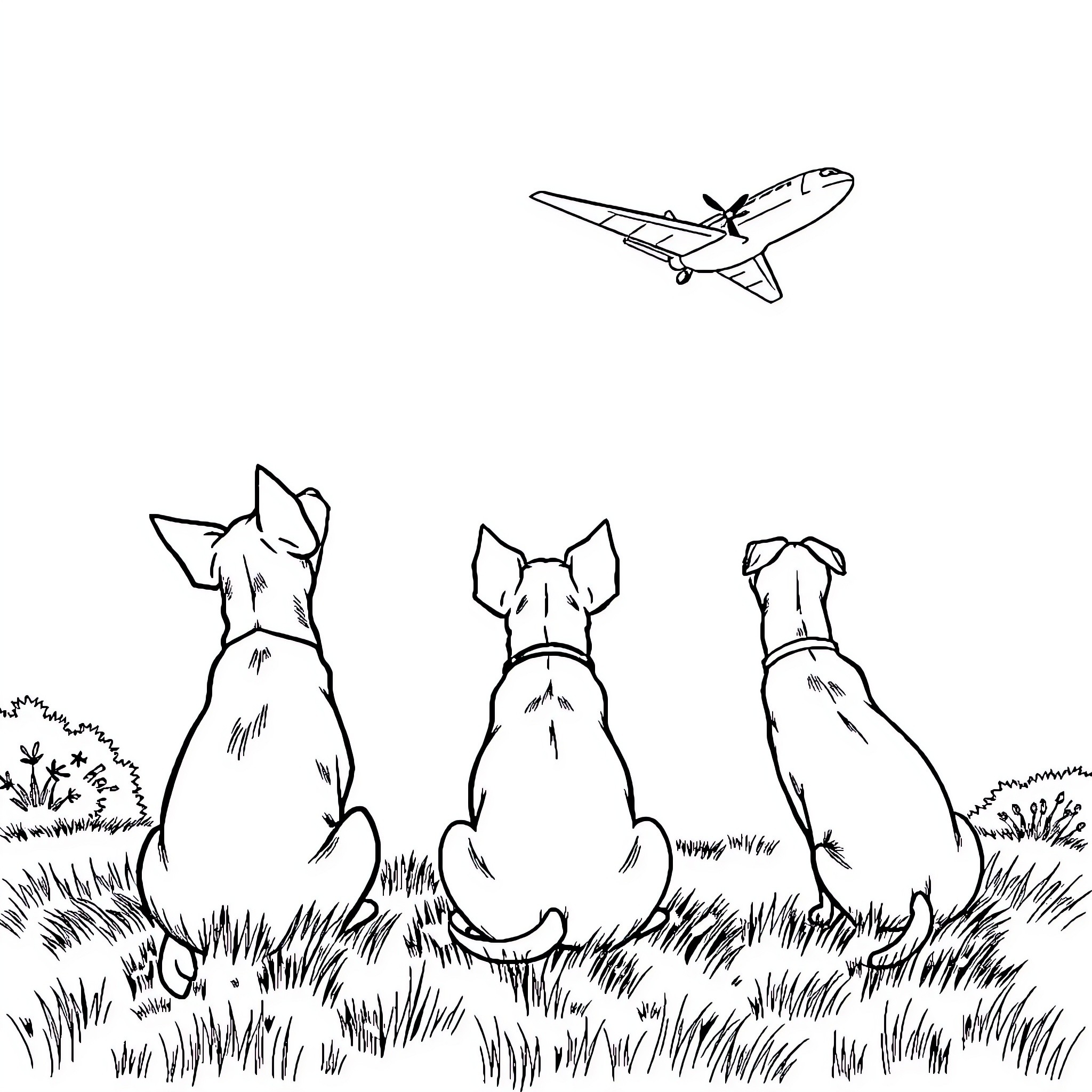 Dogs watching airplane in the sky Coloring Page (free black-and-white line drawing printable PDF for all, from beginners to advanced learners, including children, teens, adults, and seniors)