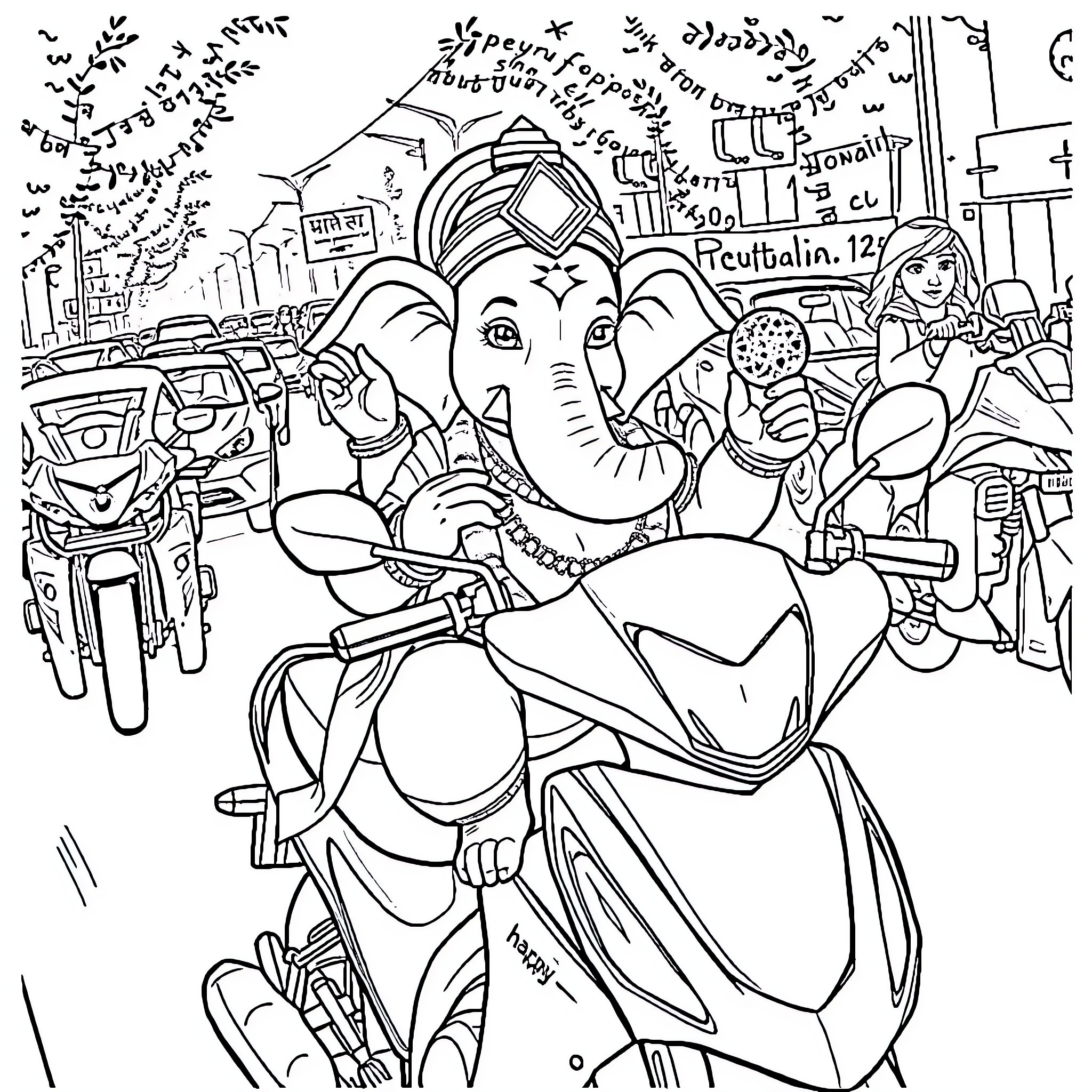 Ganesha riding a motorcycle through a bustling city Coloring Page (free black-and-white line drawing printable PDF for all, from beginners to advanced learners, including children, teens, adults, and seniors)