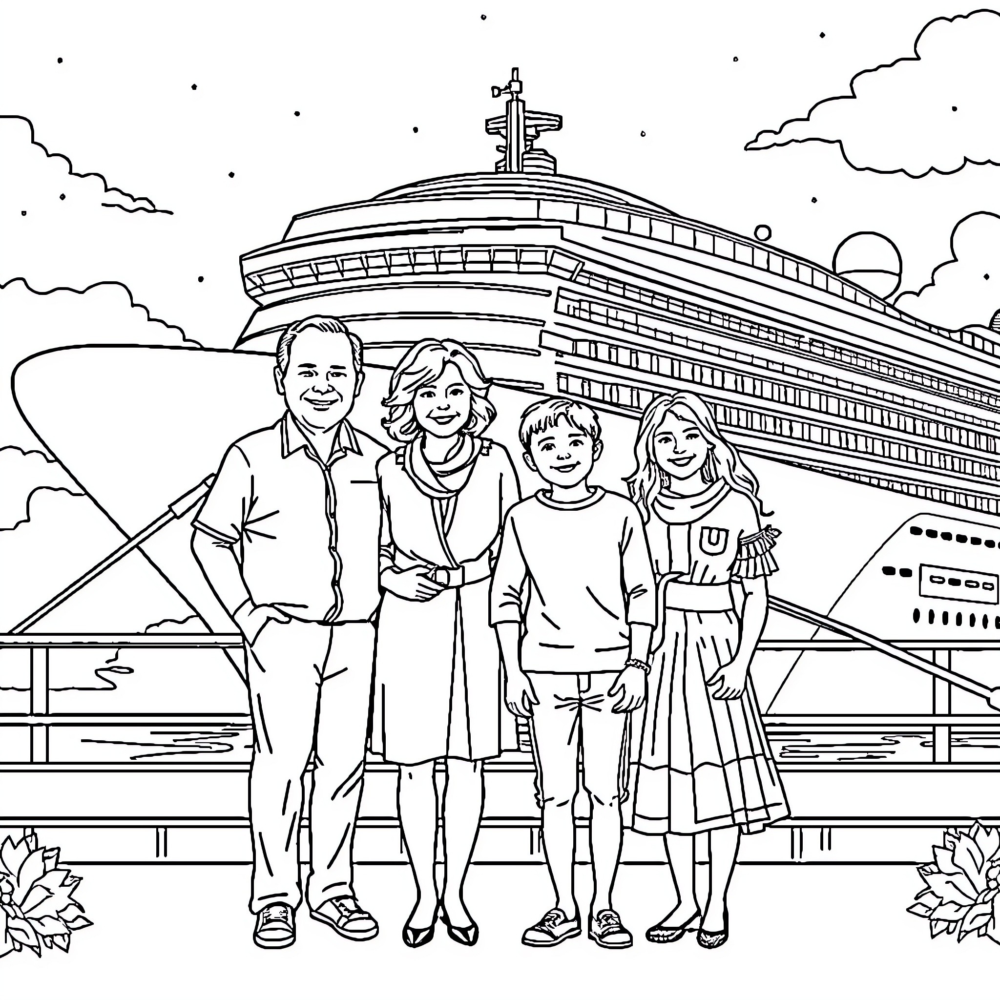 Family poses in front of a cruise ship Coloring Page (free black-and-white line drawing printable PDF for all, from beginners to advanced learners, including children, teens, adults, and seniors)
