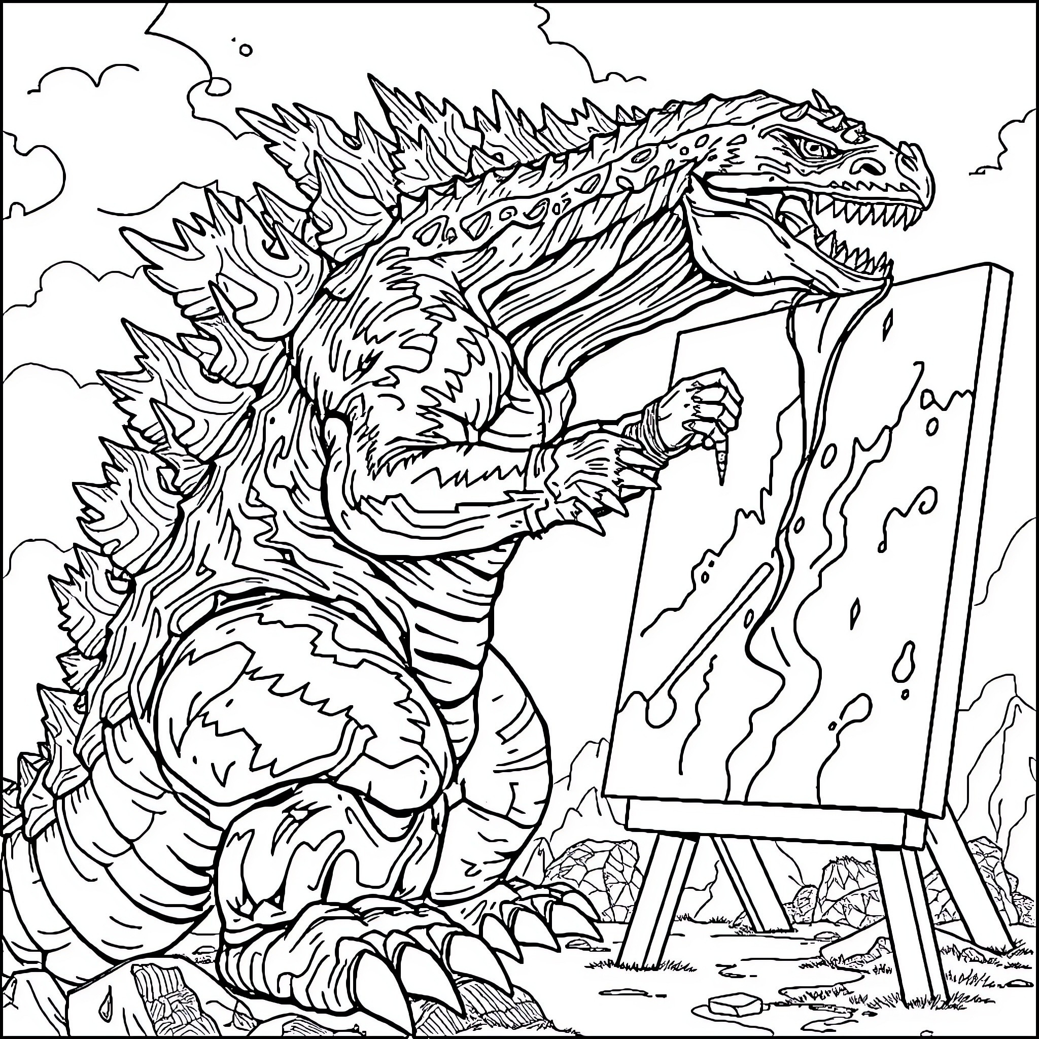 Godzilla painting a monstrous masterpiece Coloring Page (free black-and-white line drawing printable PDF for all, from beginners to advanced learners, including children, teens, adults, and seniors)