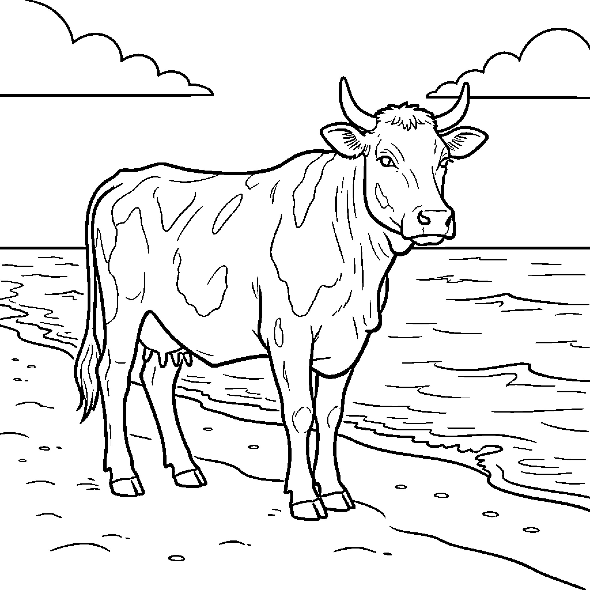 Cow standing peacefully on a sandy beach Coloring Page (free black-and-white line drawing printable PDF for all, from beginners to advanced learners, including children, teens, adults, and seniors)