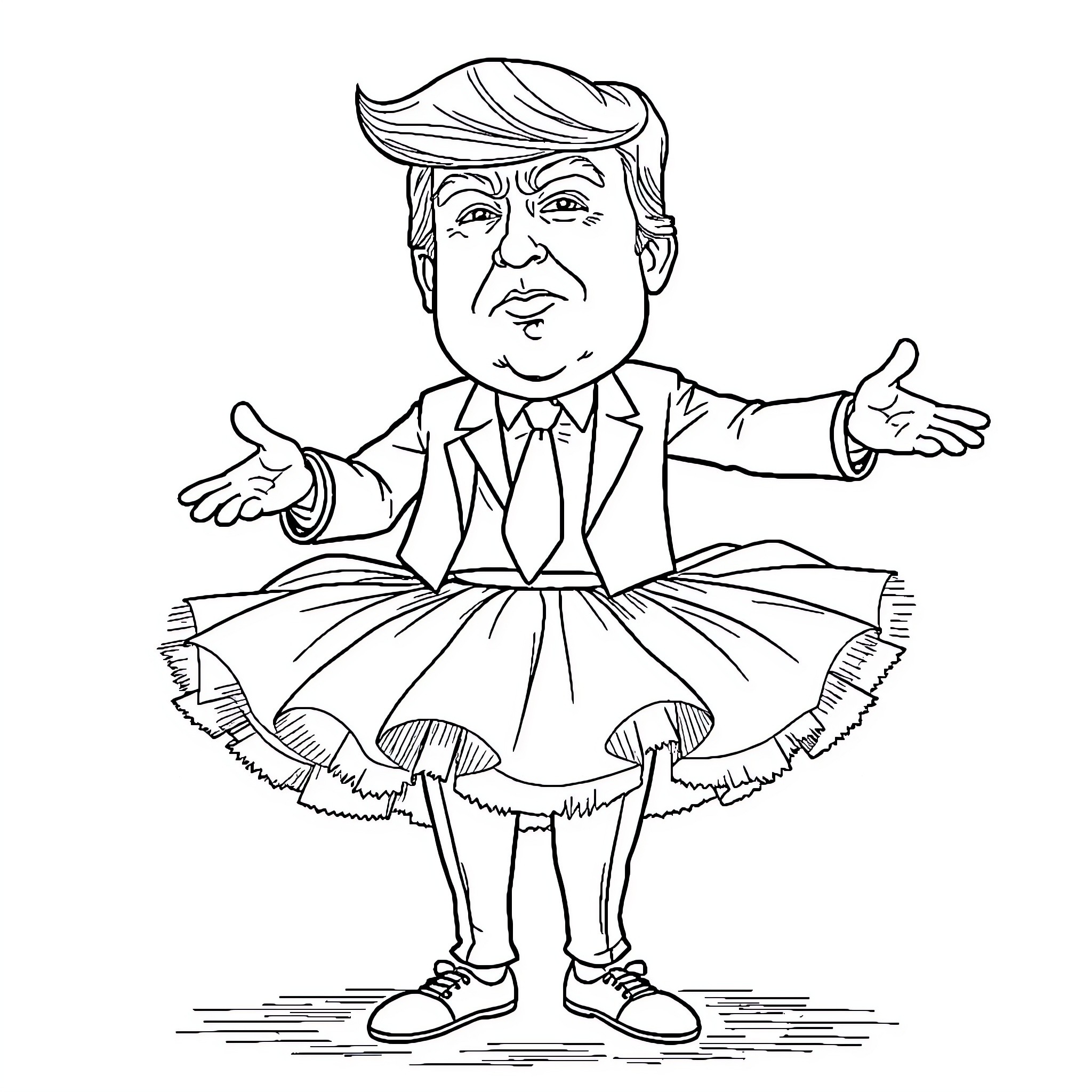 Donald Trump wearing a tutu and dancing Coloring Page (free black-and-white line drawing printable PDF for all, from beginners to advanced learners, including children, teens, adults, and seniors)