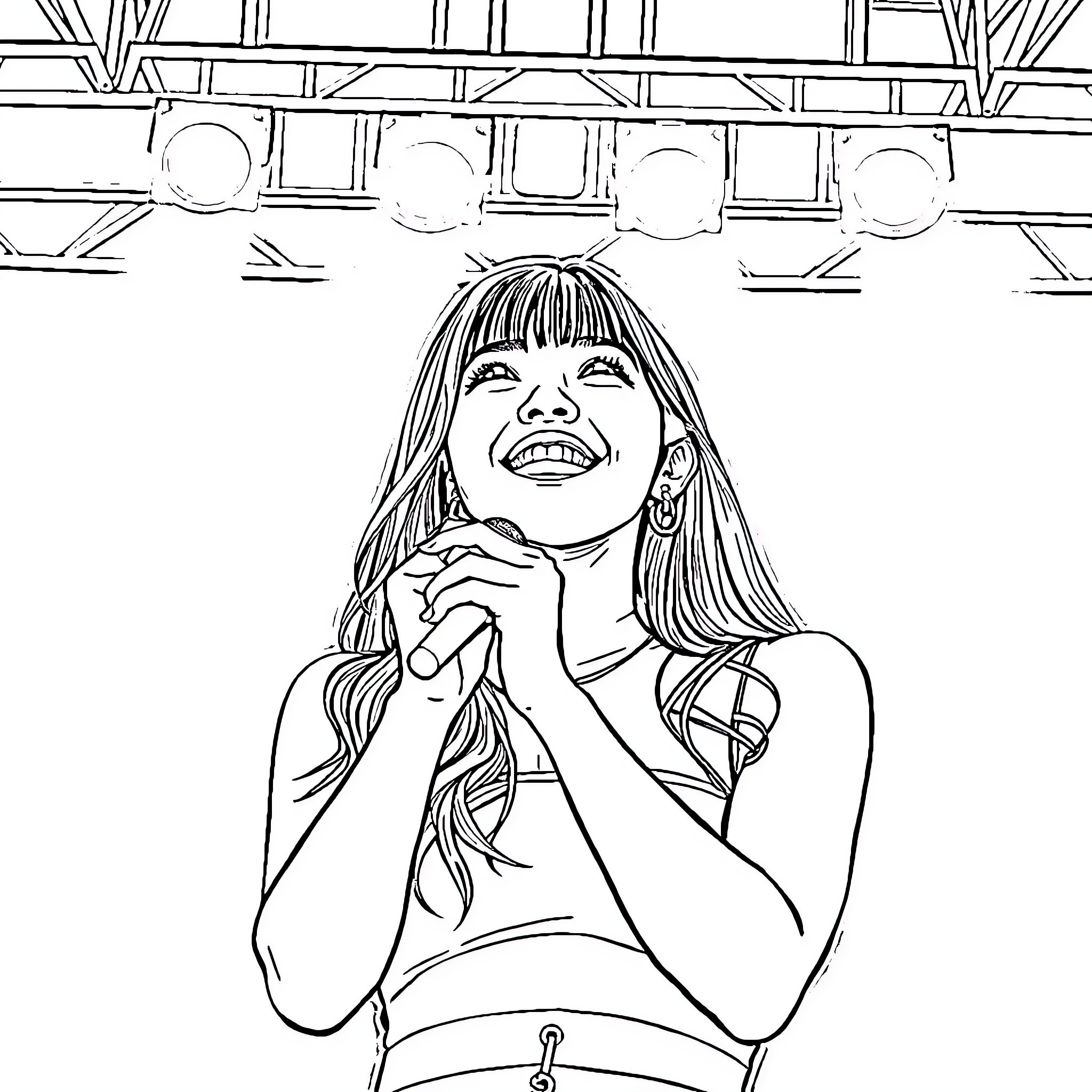 Jennie's Joyful Performance on Stage Coloring Page (free black-and-white line drawing printable PDF for all, from beginners to advanced learners, including children, teens, adults, and seniors)