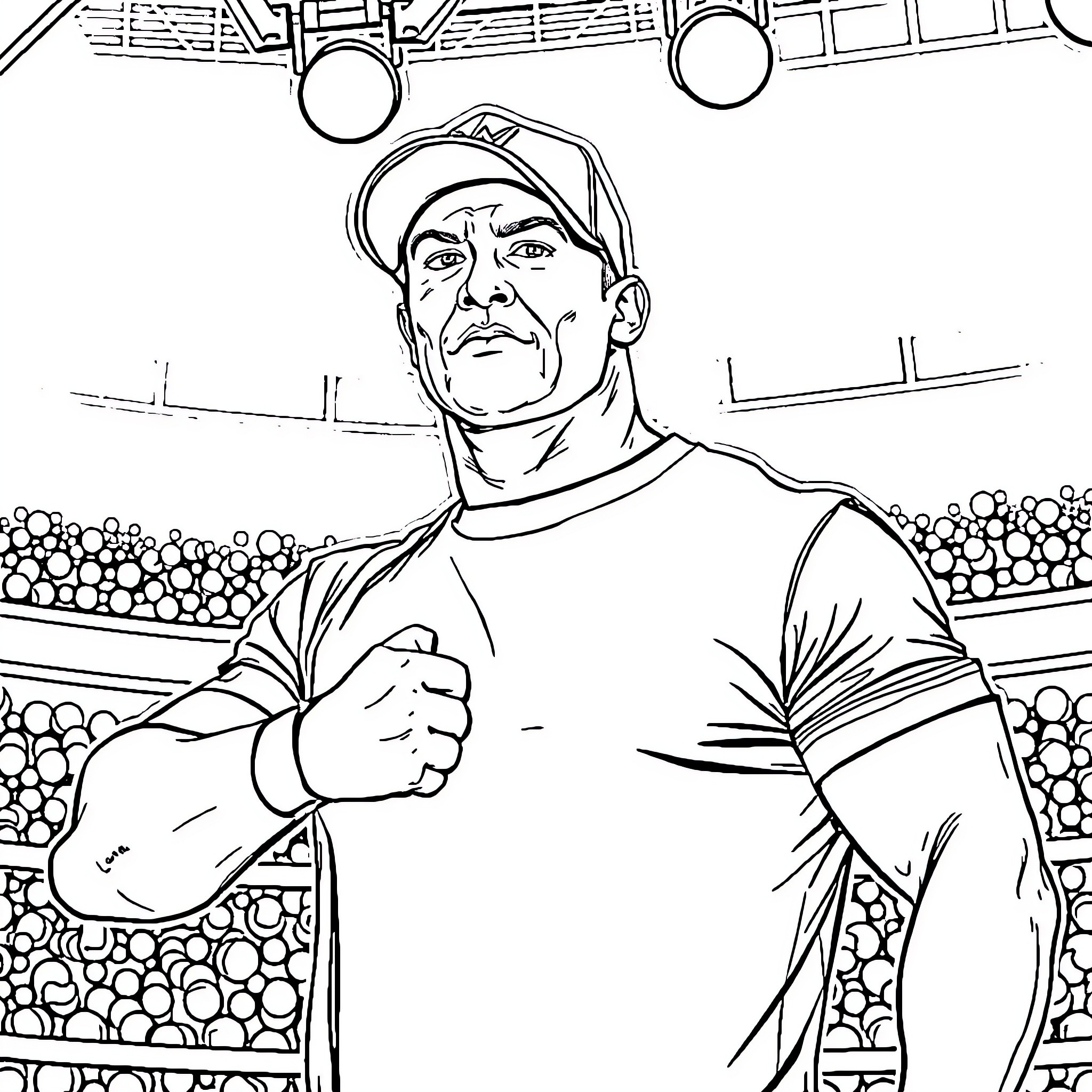 John Cena Stands Determined in the Stadium Coloring Page (free black-and-white line drawing printable PDF for all, from beginners to advanced learners, including children, teens, adults, and seniors)