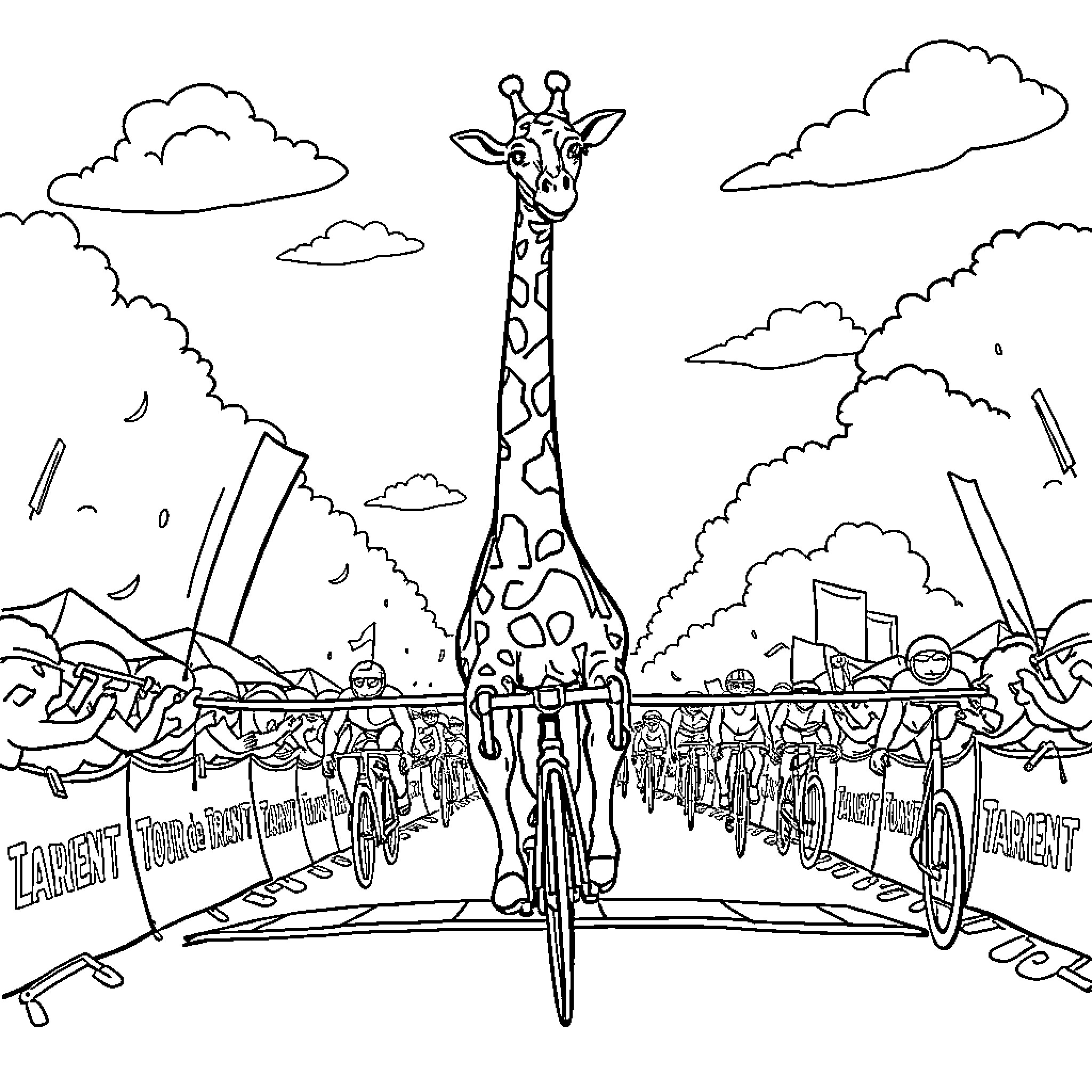 Giraffe walking among crowds on a busy street Coloring Page (free black-and-white line drawing printable PDF for all, from beginners to advanced learners, including children, teens, adults, and seniors)