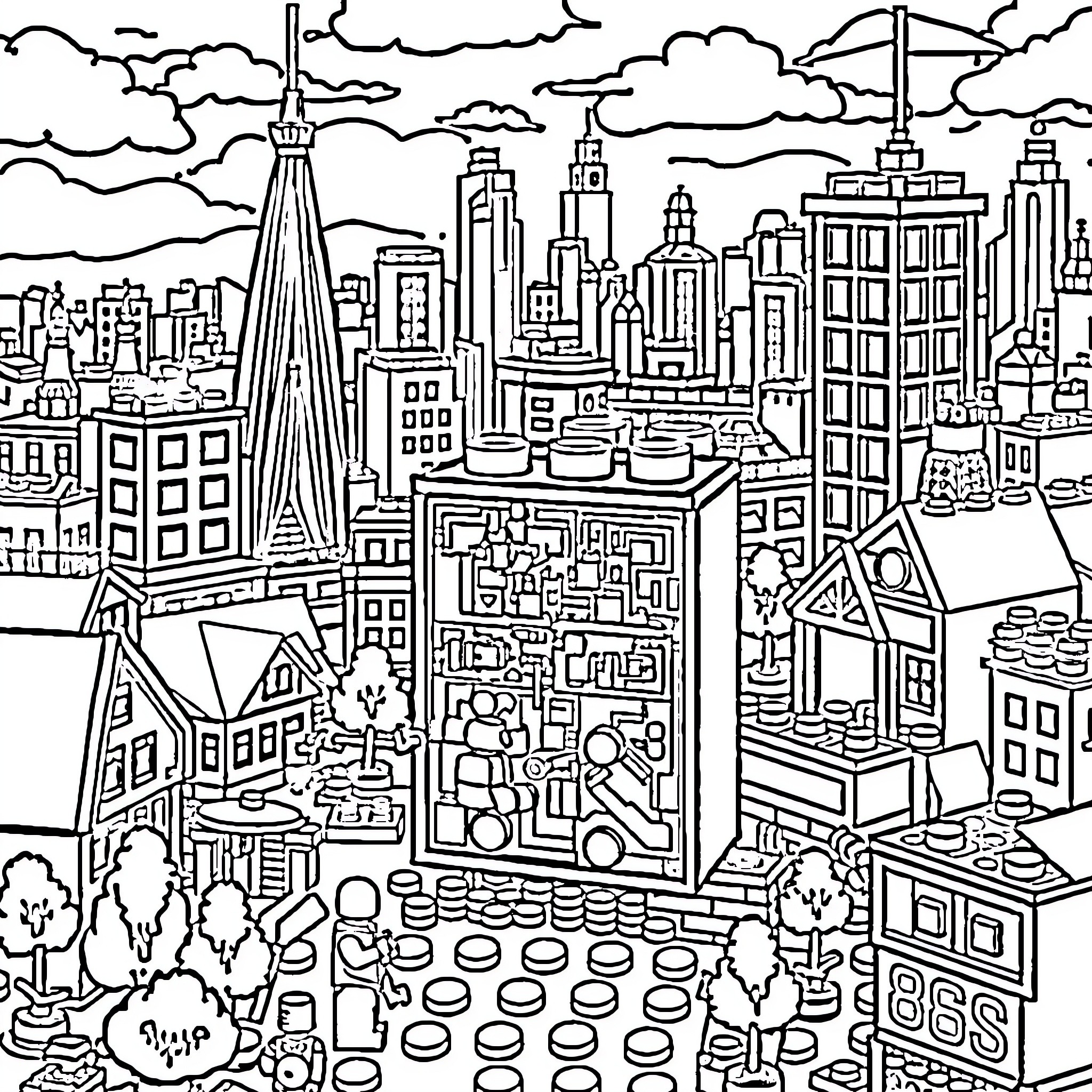 Lego Metropolis with Intricate Buildings and Cityscape Coloring Page (free black-and-white line drawing printable PDF for all, from beginners to advanced learners, including children, teens, adults, and seniors)