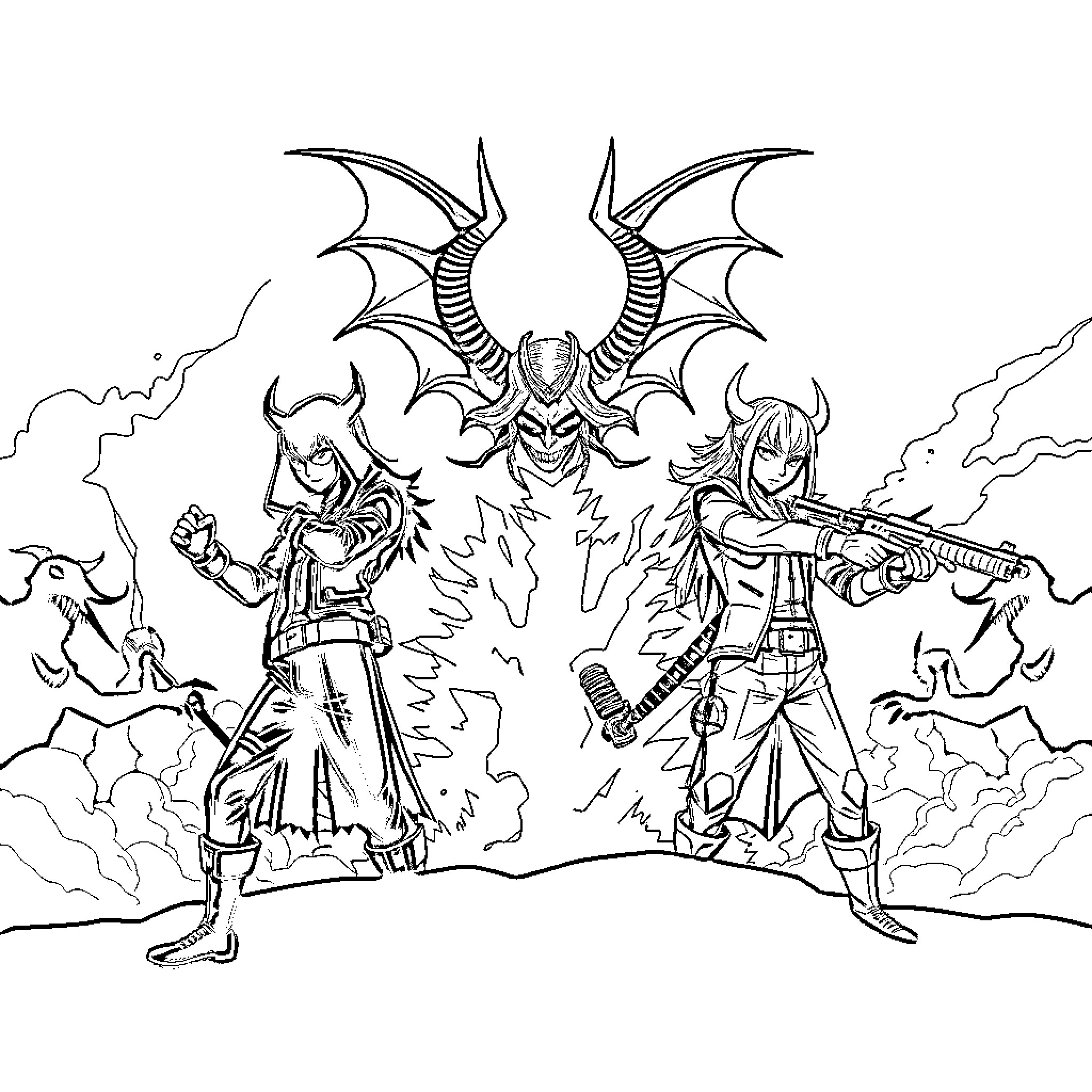 Huntrix: Heroic Warriors Battling Fearsome Creature Coloring Page (free black-and-white line drawing printable PDF for all, from beginners to advanced learners, including children, teens, adults, and seniors)