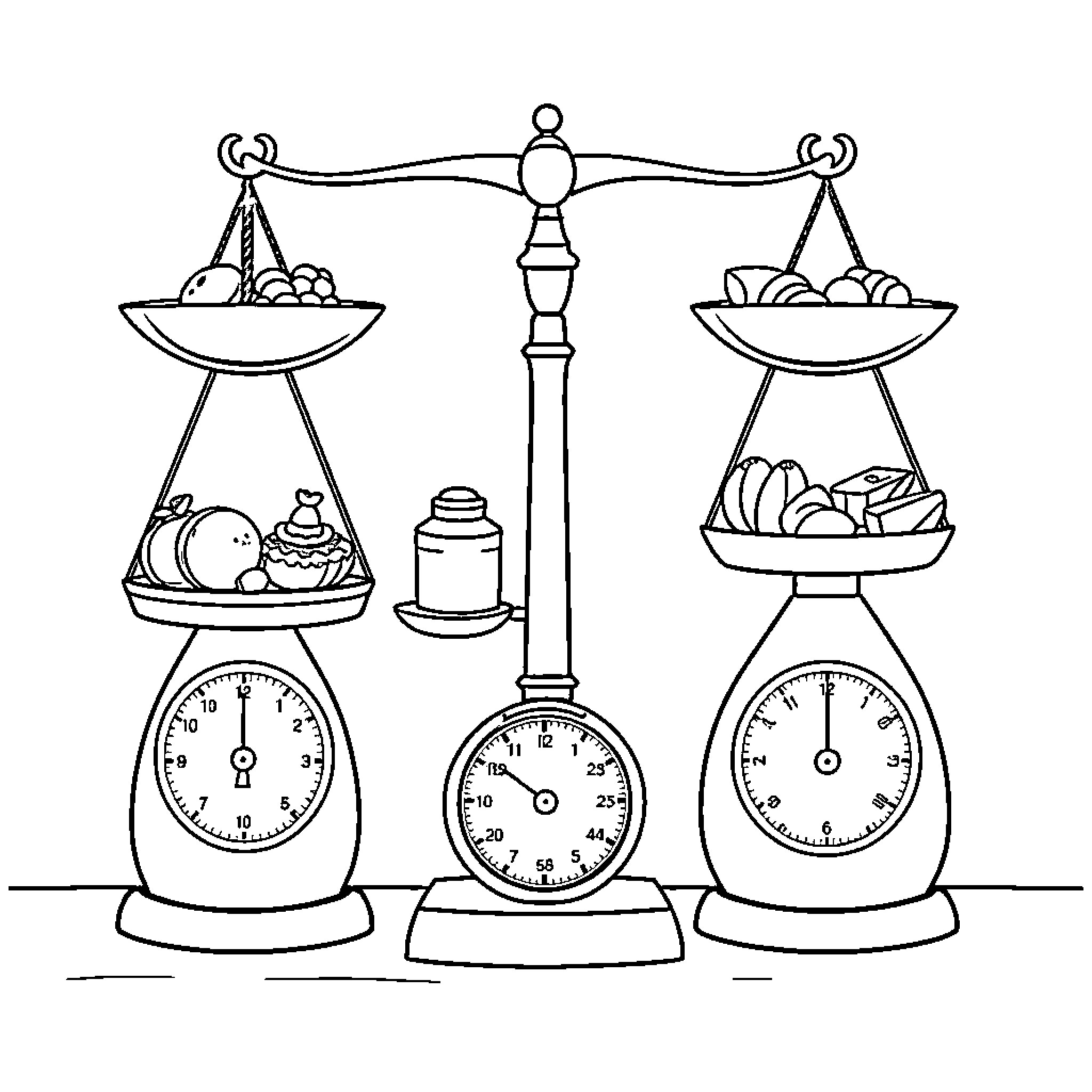 Weighing Scale with Fruits and Vegetables Coloring Page (free black-and-white line drawing printable PDF for all, from beginners to advanced learners, including children, teens, adults, and seniors)