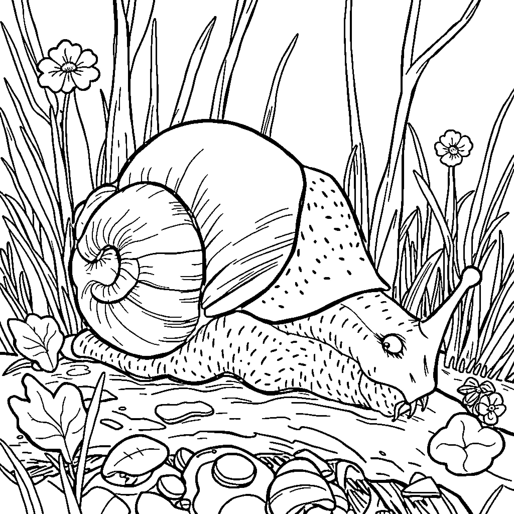 Escargot crawling amidst nature's beauty Coloring Page (free black-and-white line drawing printable PDF for all, from beginners to advanced learners, including children, teens, adults, and seniors)