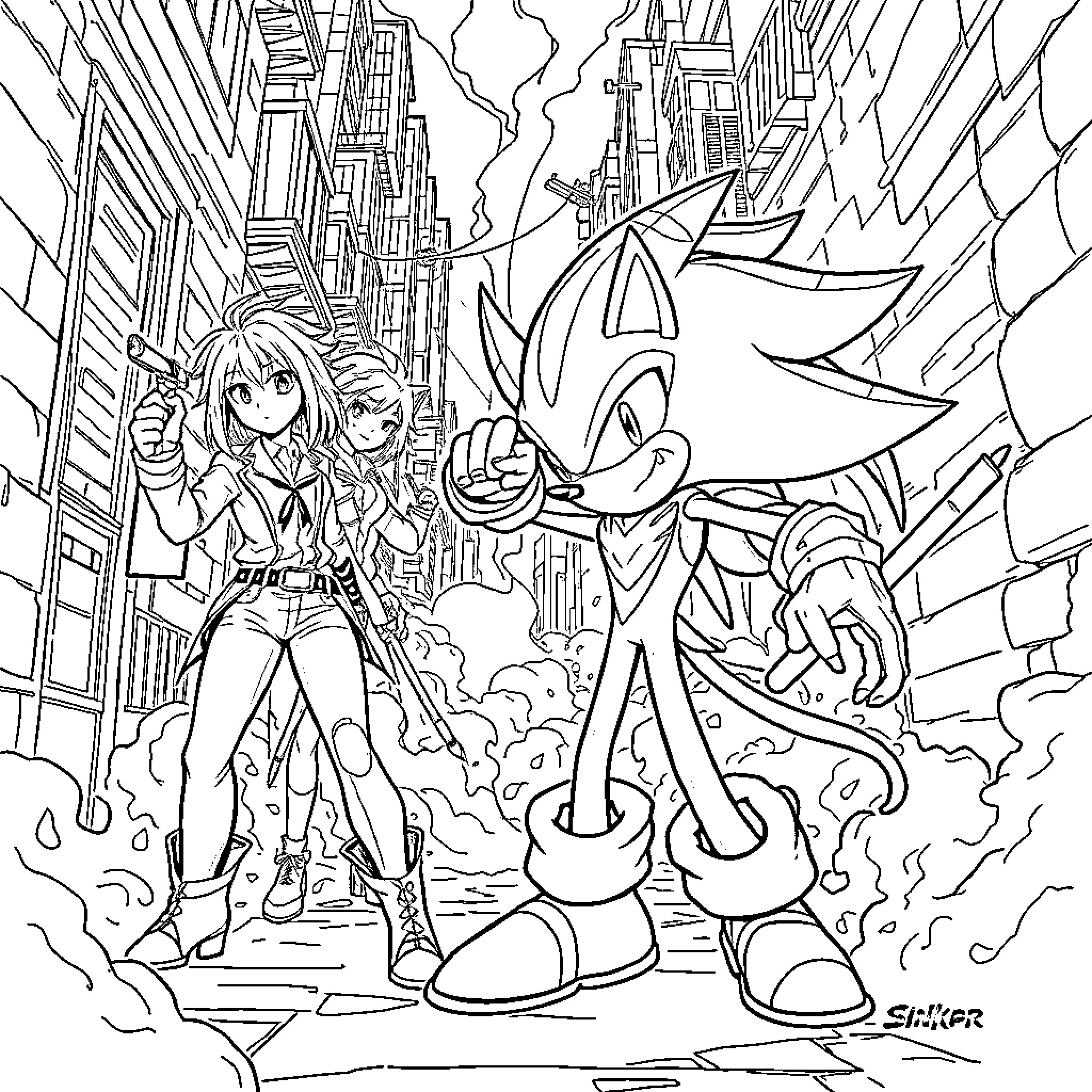 Demon Hunter Sonic and Friend Battling in Destroyed City Coloring Page (free black-and-white line drawing printable PDF for all, from beginners to advanced learners, including children, teens, adults, and seniors)