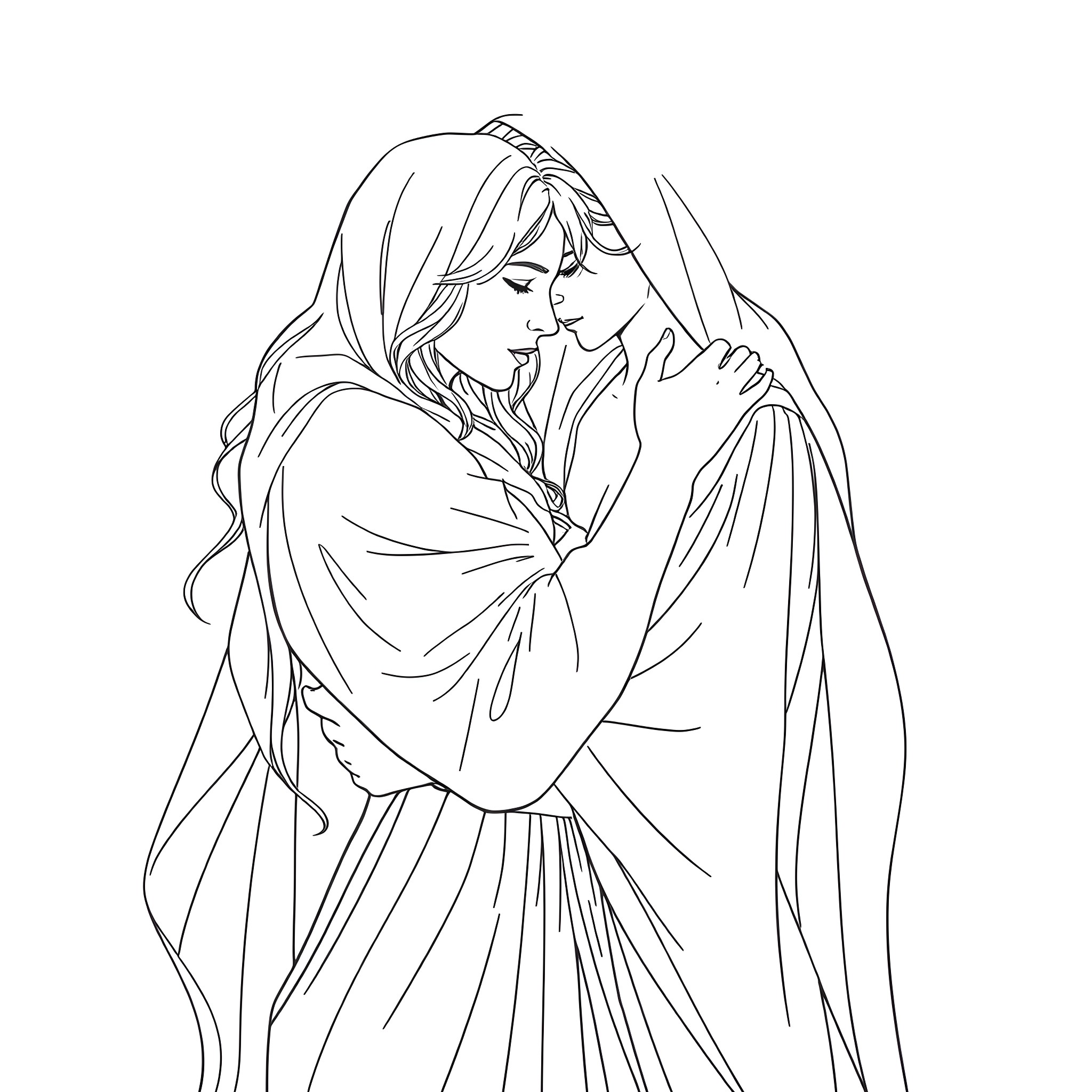 Couple in intimate embrace Coloring Page (free black-and-white line drawing printable PDF for all, from beginners to advanced learners, including children, teens, adults, and seniors)