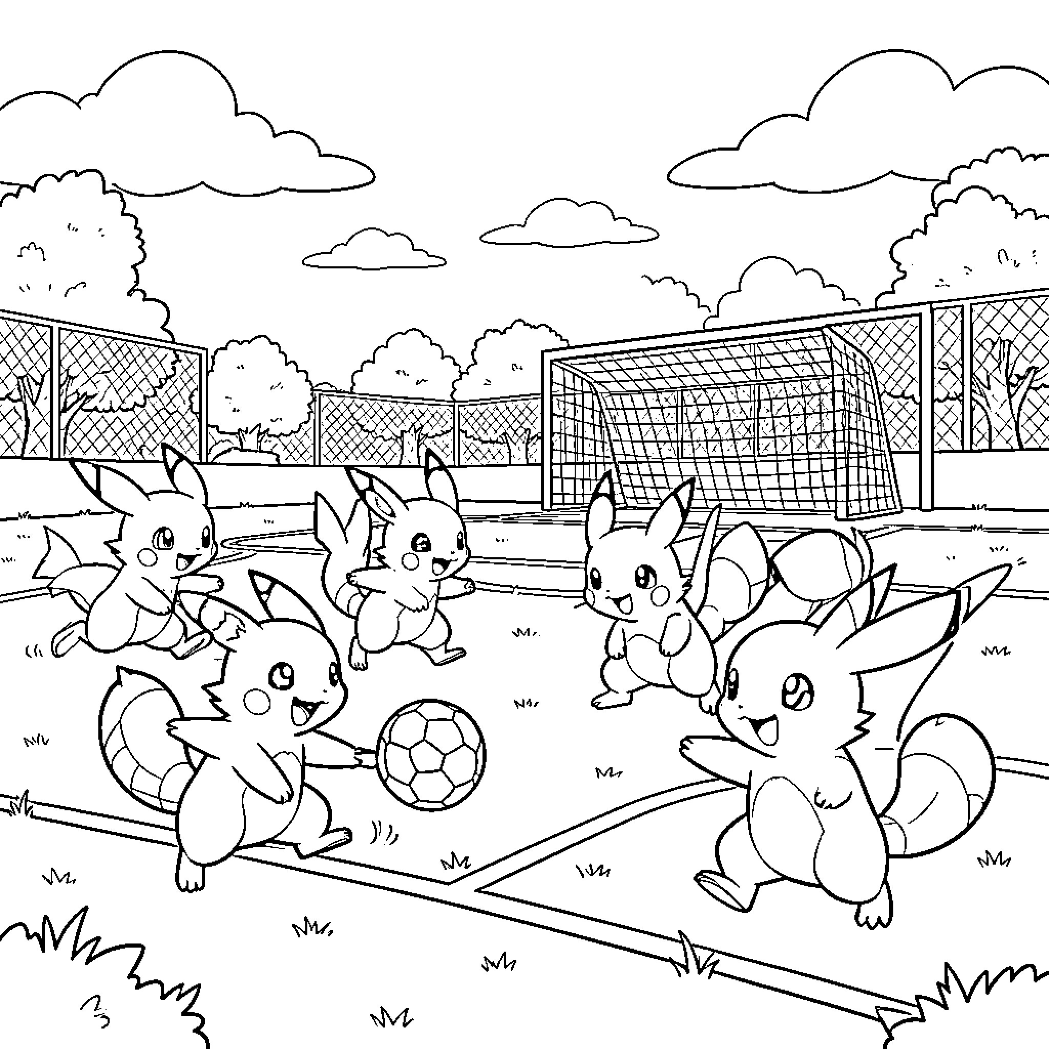 Pokémon playing soccer together in a field Coloring Page (free black-and-white line drawing printable PDF for all, from beginners to advanced learners, including children, teens, adults, and seniors)