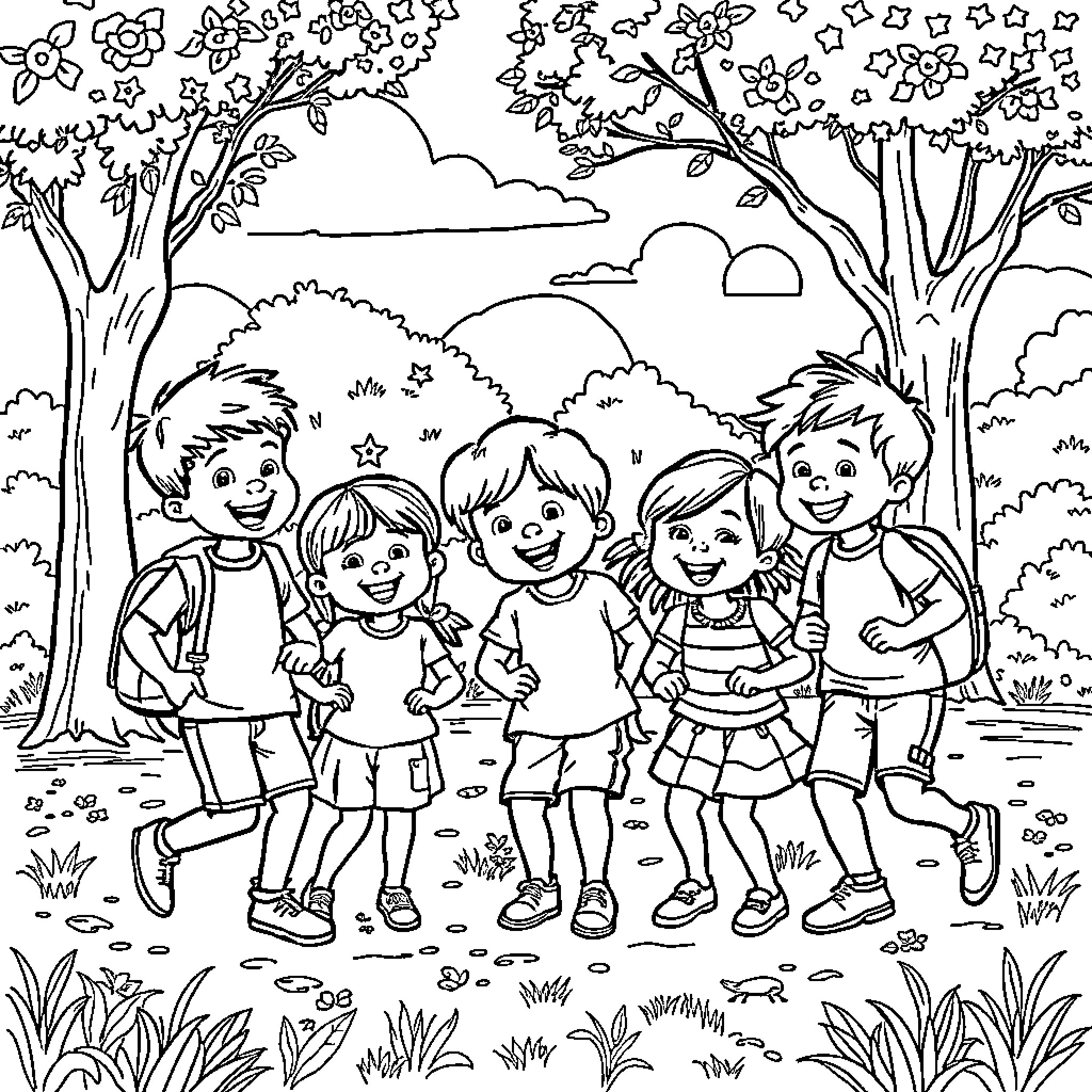 Kid friends playing together in scenic park Coloring Page (free black-and-white line drawing printable PDF for all, from beginners to advanced learners, including children, teens, adults, and seniors)