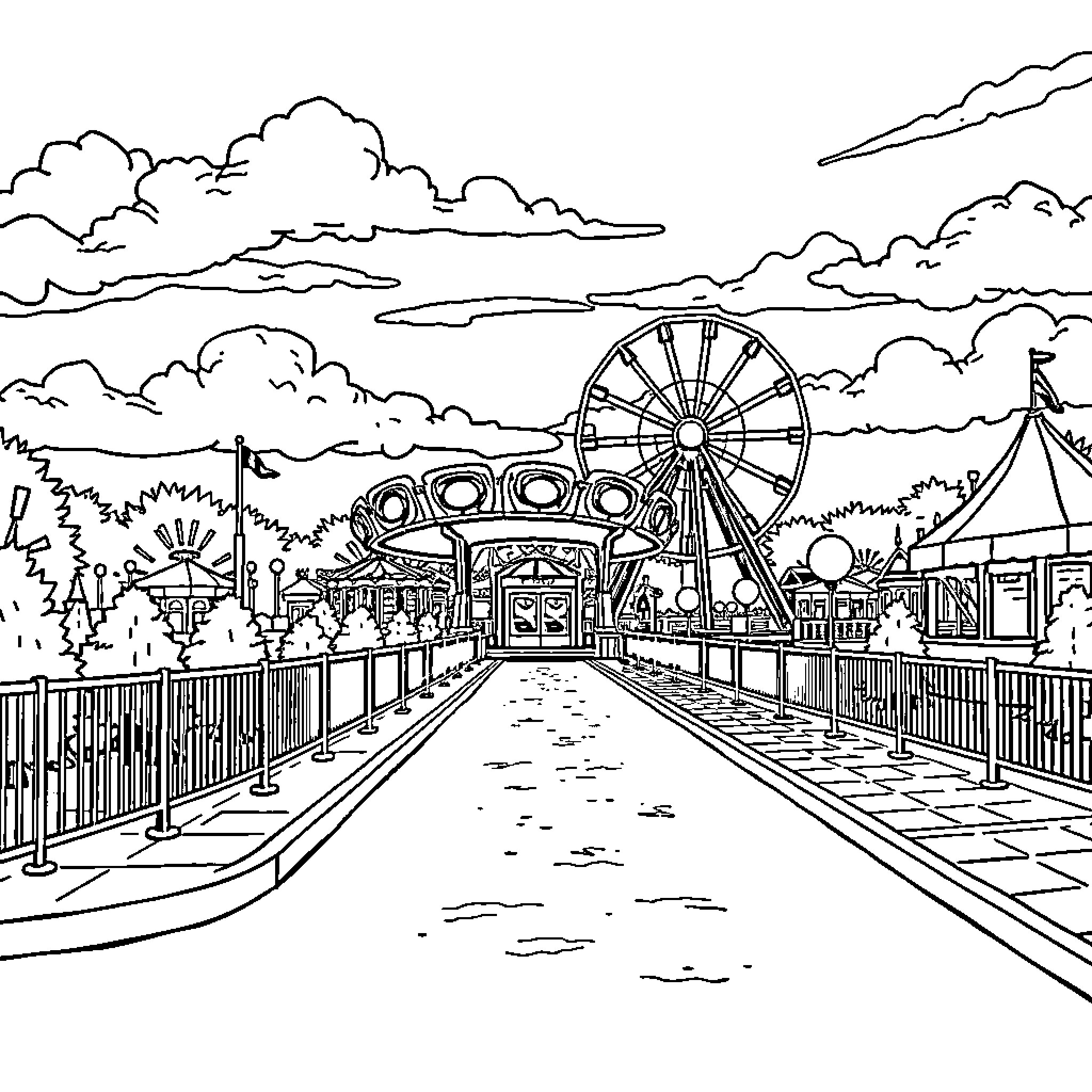 Attraction Park with Rides and Walkways Coloring Page (free black-and-white line drawing printable PDF for all, from beginners to advanced learners, including children, teens, adults, and seniors)