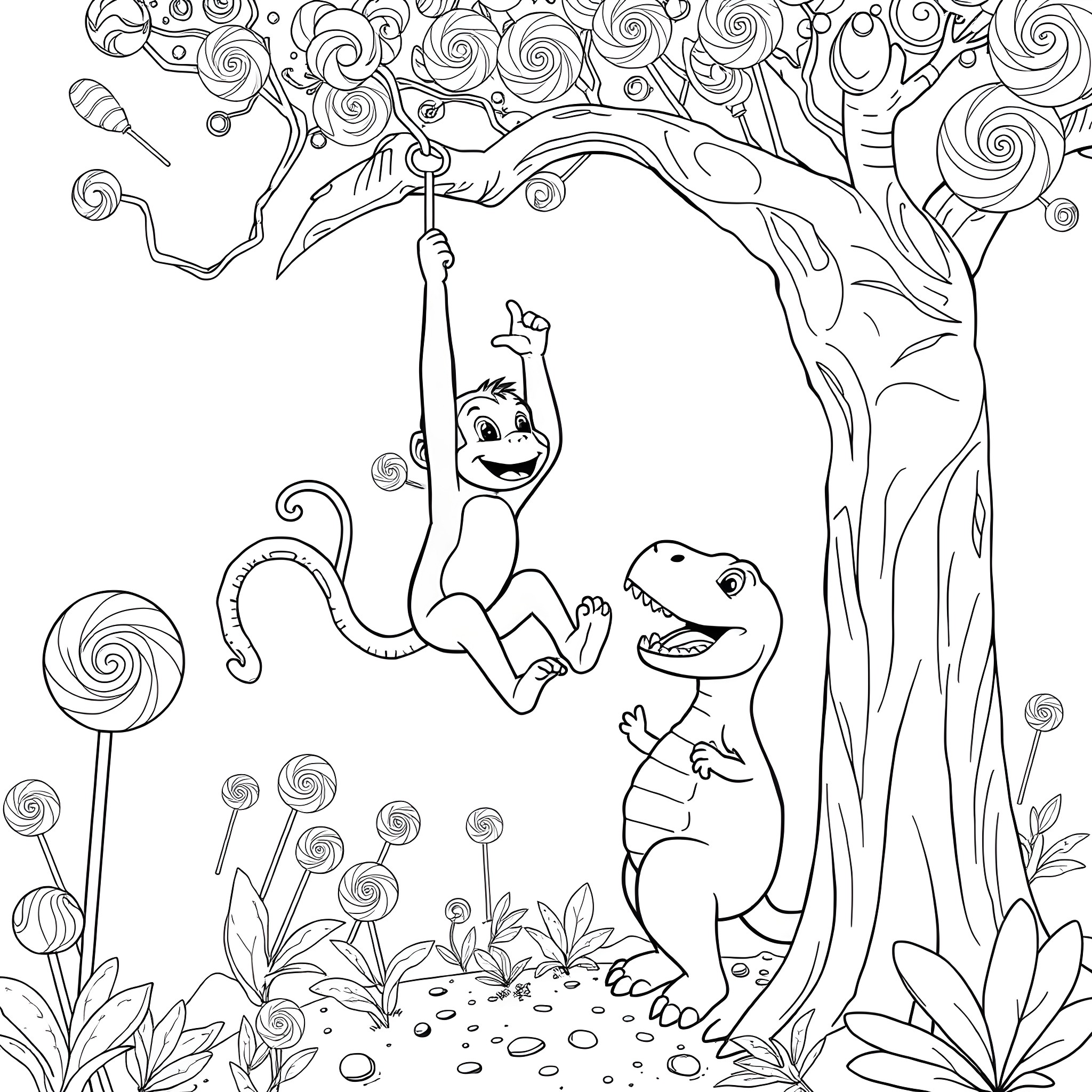 Monkey swinging playfully in the whimsical forest Coloring Page (free black-and-white line drawing printable PDF for all, from beginners to advanced learners, including children, teens, adults, and seniors)