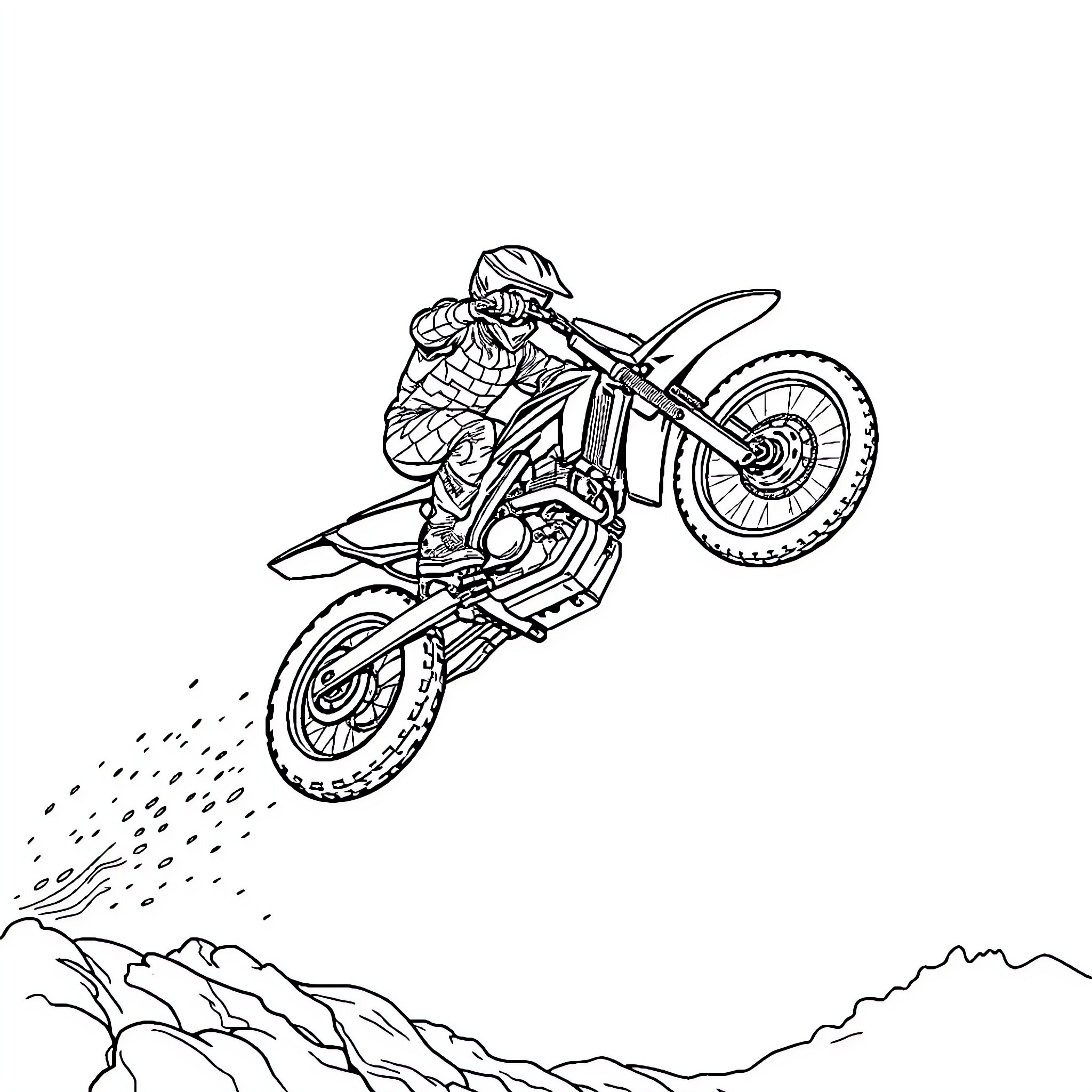 Motorcycle stunt rider performing aerial maneuver Coloring Page (free black-and-white line drawing printable PDF for all, from beginners to advanced learners, including children, teens, adults, and seniors)