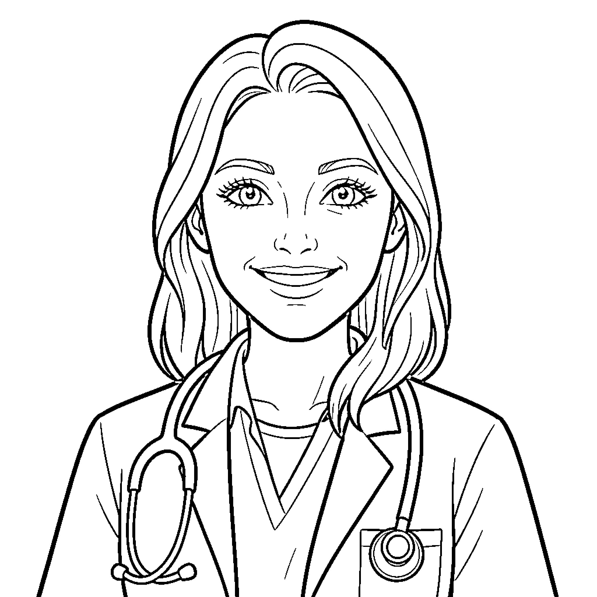 Doctor Smiling Warmly in Medical Uniform Coloring Page (free black-and-white line drawing printable PDF for all, from beginners to advanced learners, including children, teens, adults, and seniors)