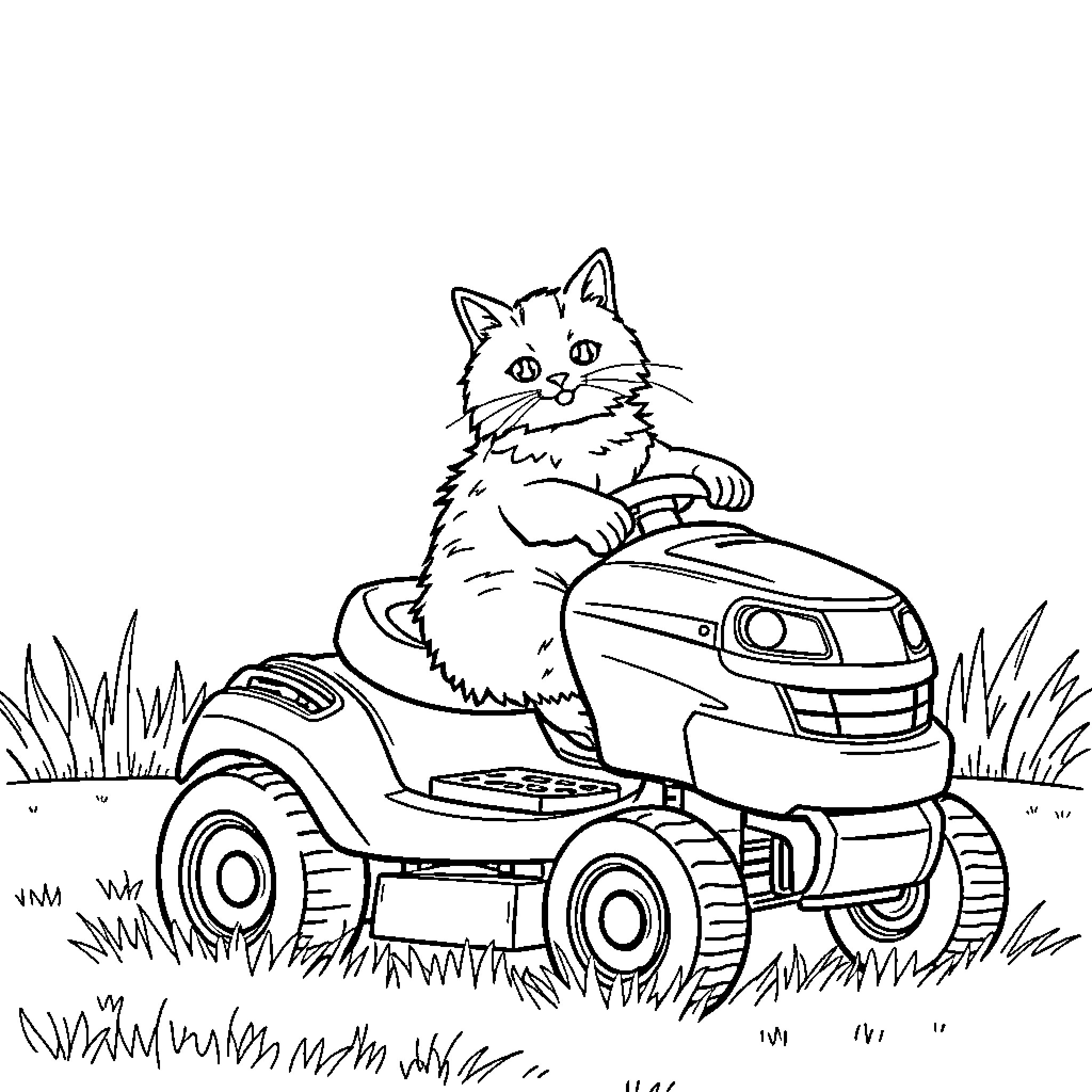 Cat riding a lawn mower in the grass Coloring Page (free black-and-white line drawing printable PDF for all, from beginners to advanced learners, including children, teens, adults, and seniors)