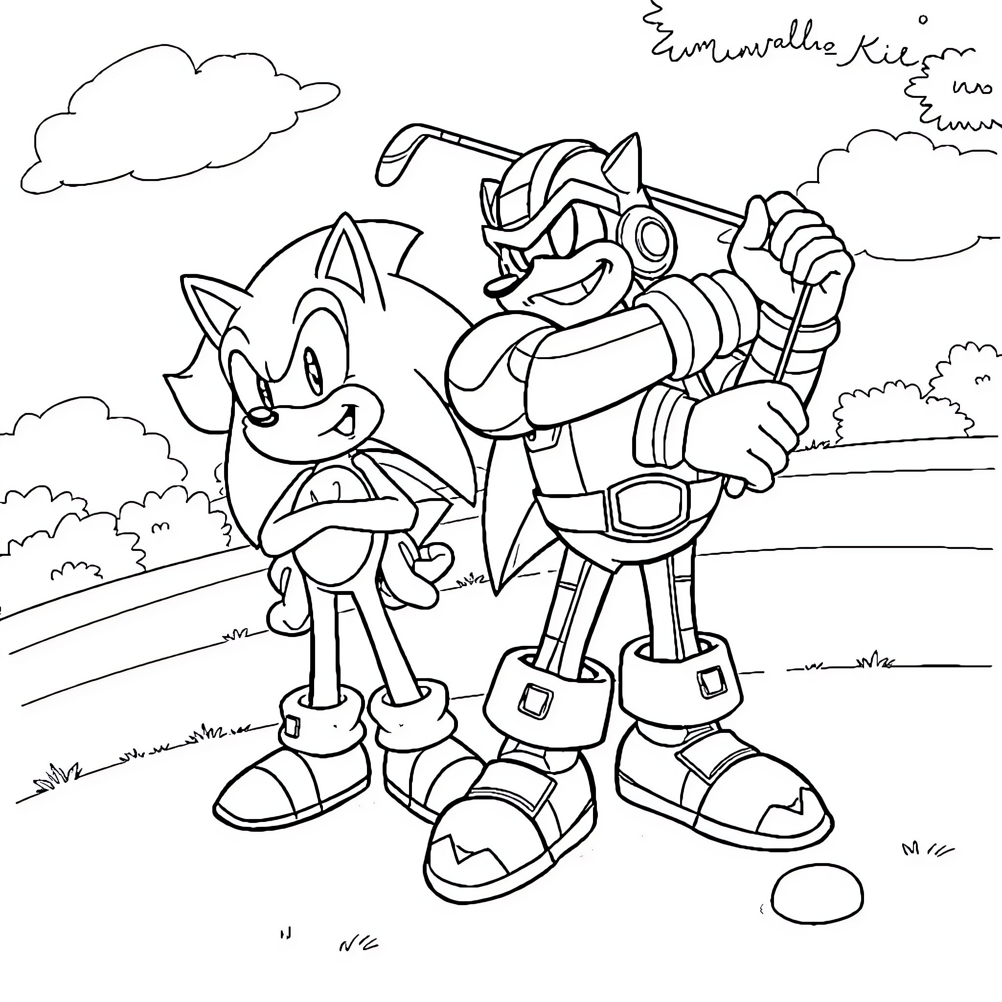 Dr. Robotnik and Sonic the Hedgehog in an Outdoor Scene Coloring Page (free black-and-white line drawing printable PDF for all, from beginners to advanced learners, including children, teens, adults, and seniors)
