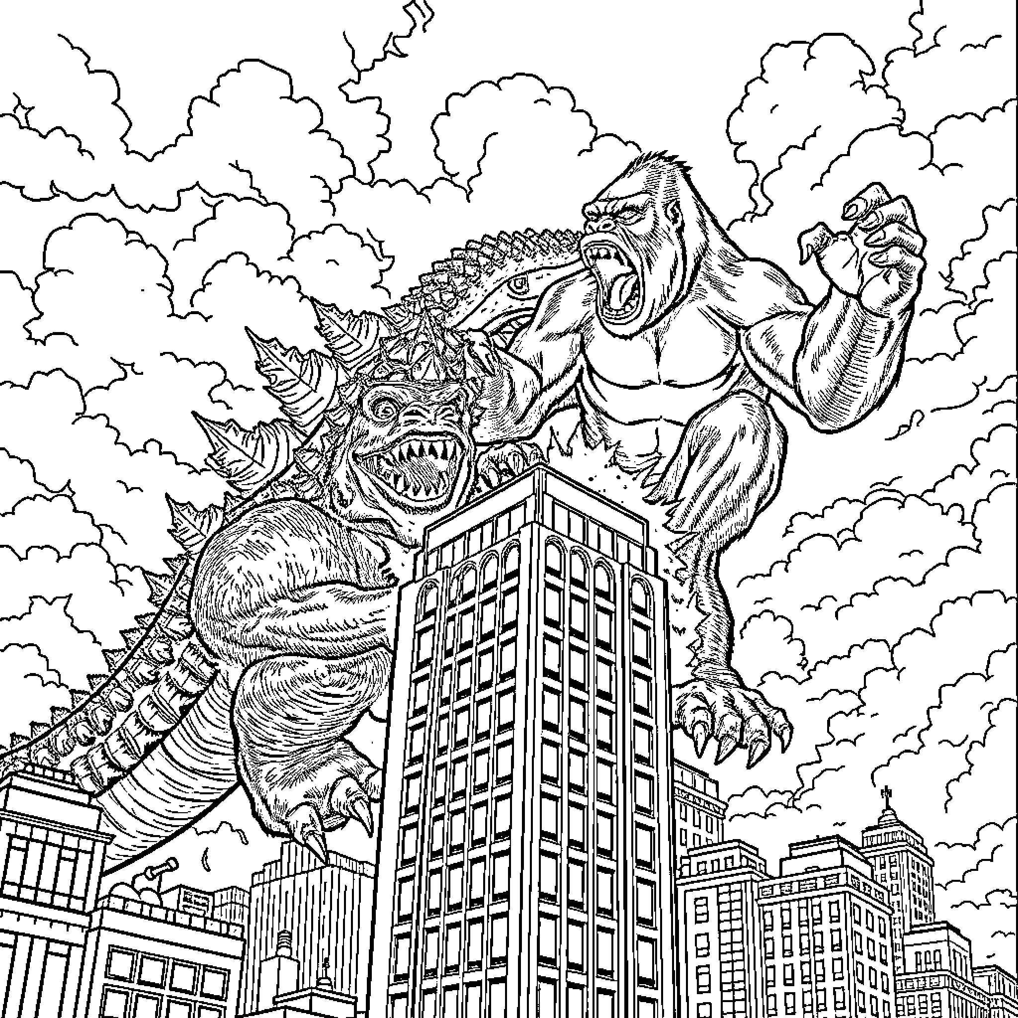 Godzilla rampaging through the city Coloring Page (free black-and-white line drawing printable PDF for all, from beginners to advanced learners, including children, teens, adults, and seniors)