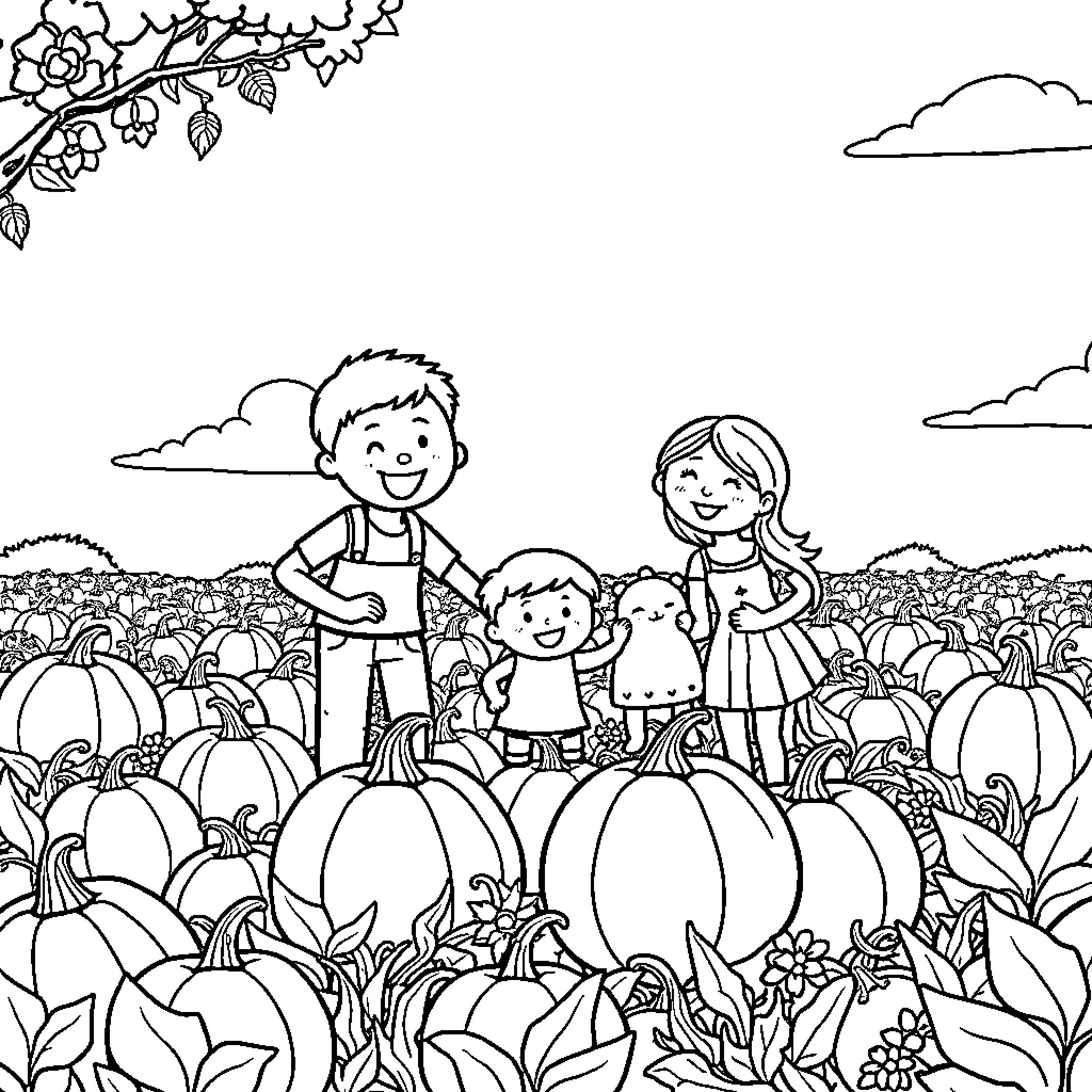 Pumpkin Patch Fun with Family Coloring Page (free black-and-white line drawing printable PDF for all, from beginners to advanced learners, including children, teens, adults, and seniors)