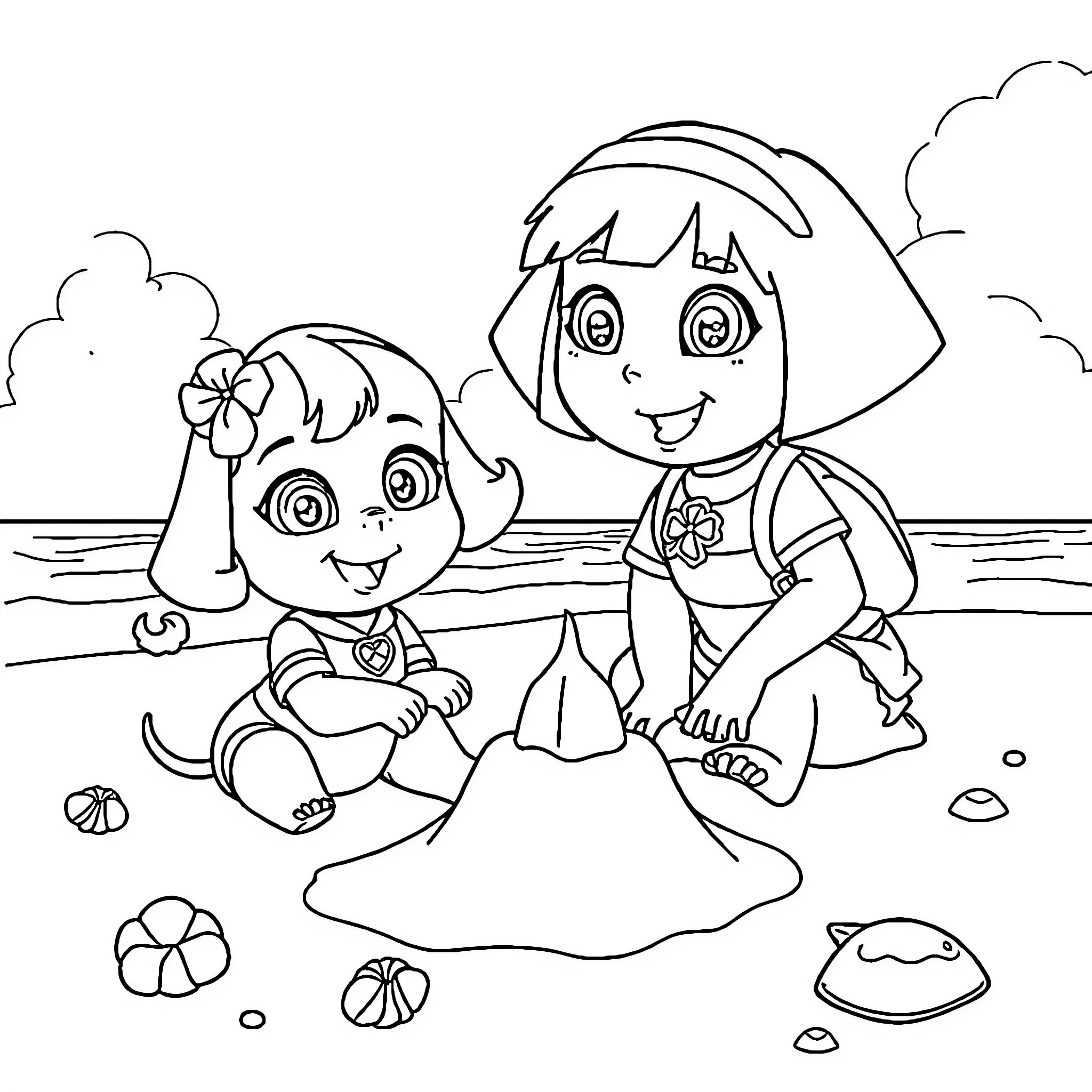 Stella and Friend Enjoy a Day at the Beach Coloring Page (free black-and-white line drawing printable PDF for all, from beginners to advanced learners, including children, teens, adults, and seniors)