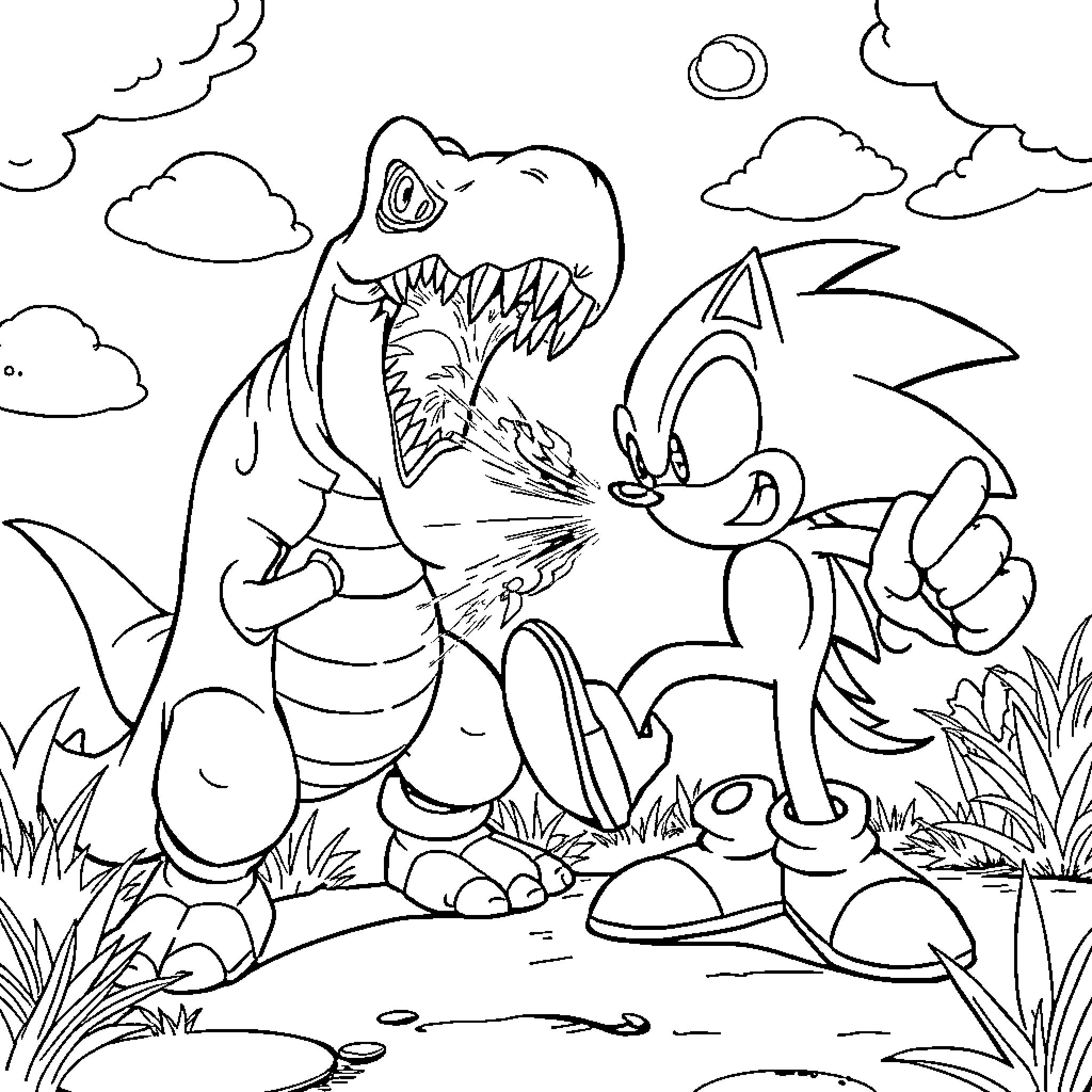 Sonic facing off against a ferocious creature Coloring Page (free black-and-white line drawing printable PDF for all, from beginners to advanced learners, including children, teens, adults, and seniors)