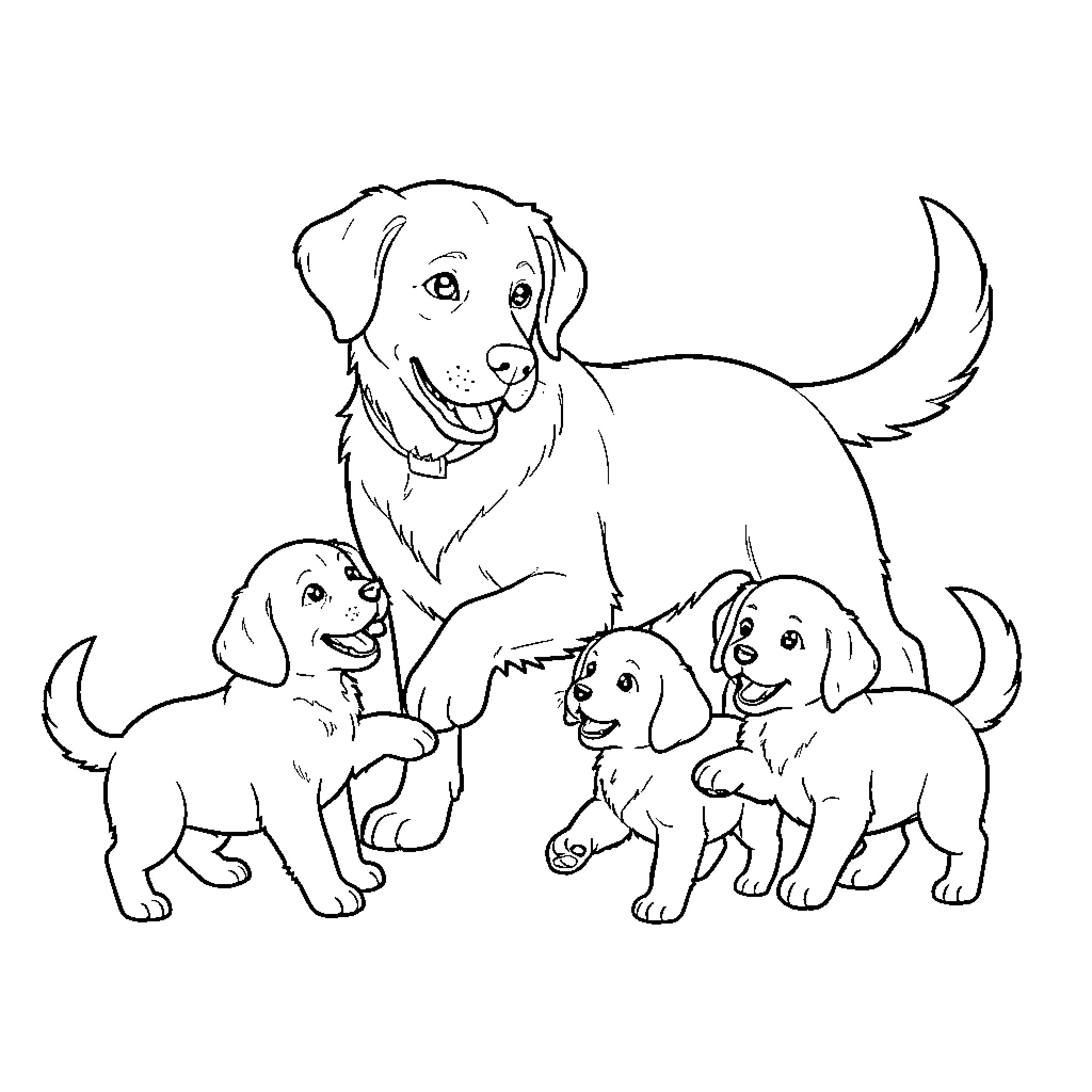 Dog smiling with three playful puppies Coloring Page (free black-and-white line drawing printable PDF for all, from beginners to advanced learners, including children, teens, adults, and seniors)