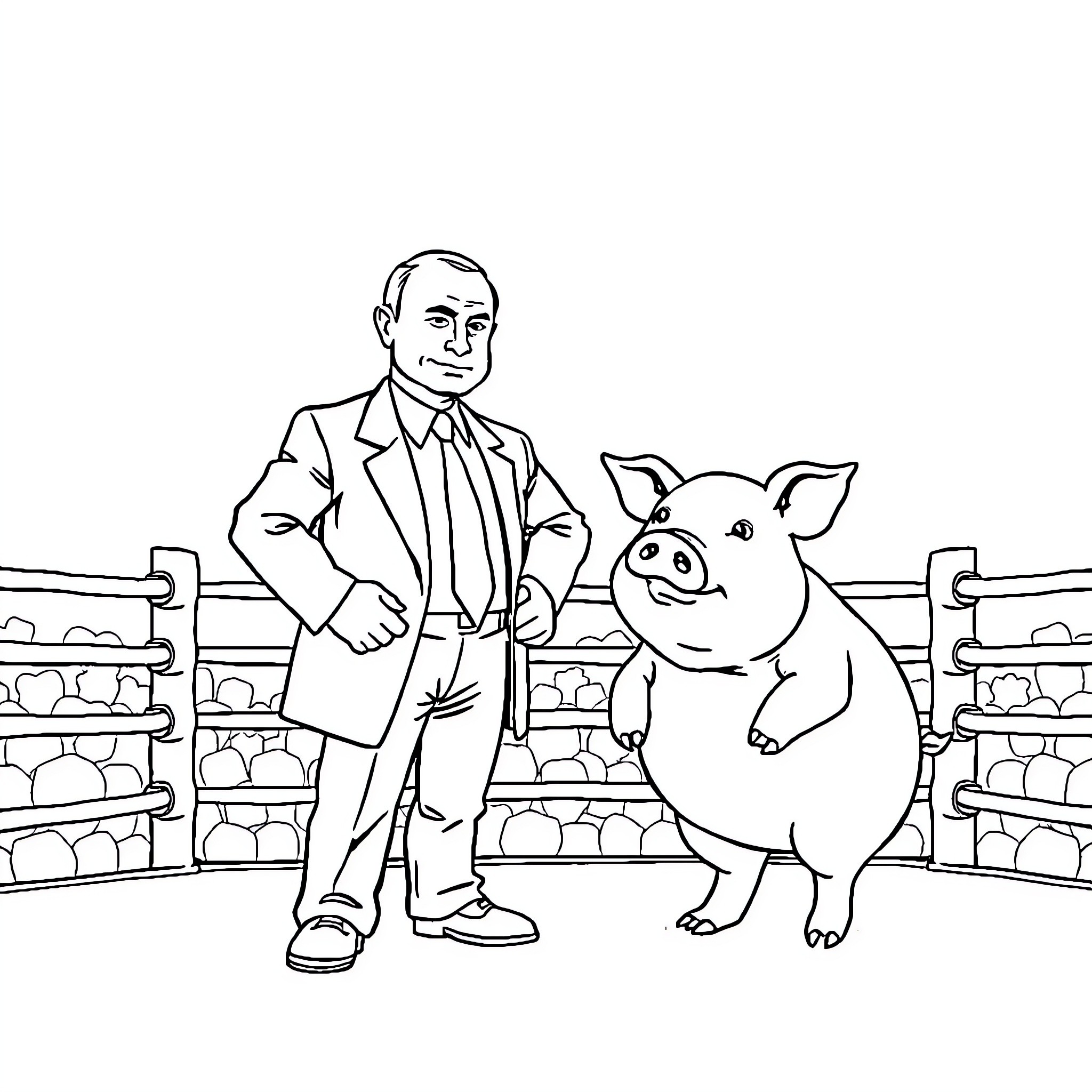 Putin interacting with a playful pig in a grocery store Coloring Page (free black-and-white line drawing printable PDF for all, from beginners to advanced learners, including children, teens, adults, and seniors)