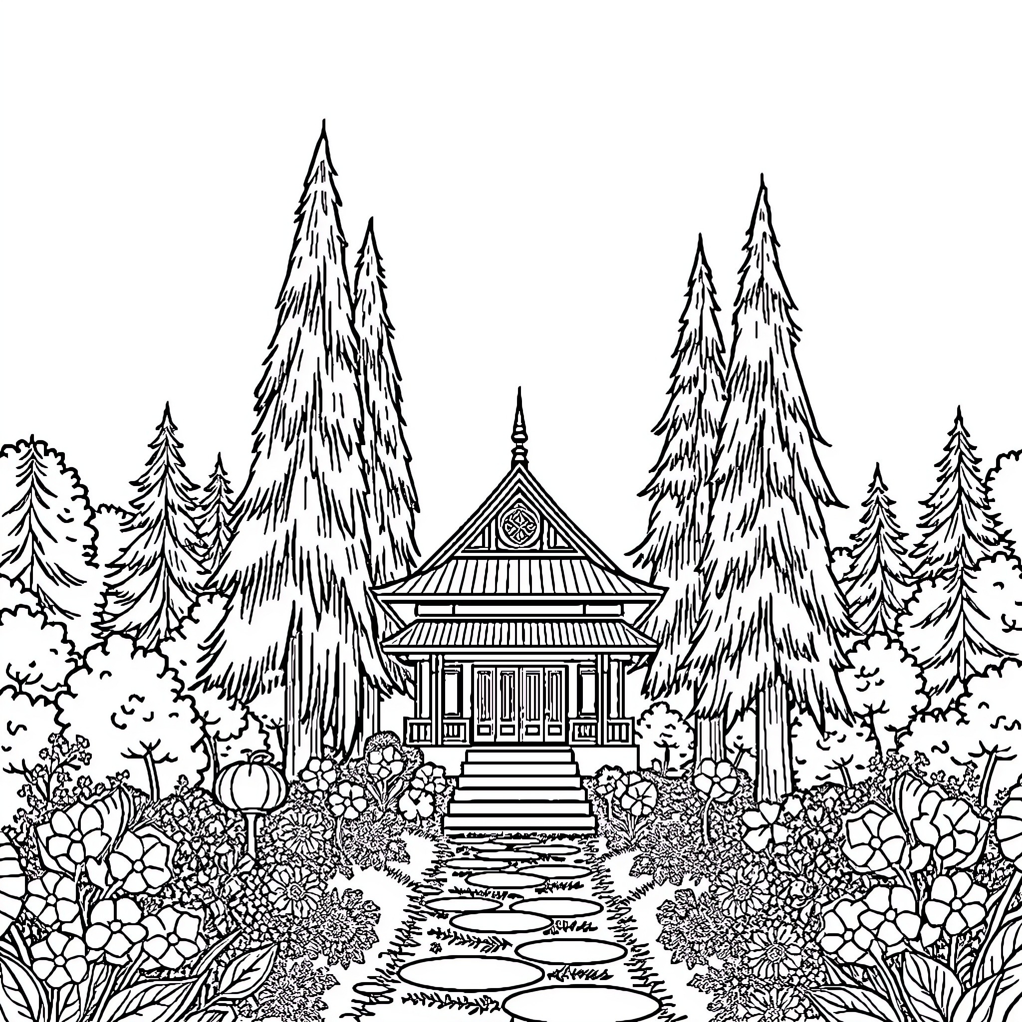 Temple in the Enchanted Forest Landscape Coloring Page (free black-and-white line drawing printable PDF for all, from beginners to advanced learners, including children, teens, adults, and seniors)