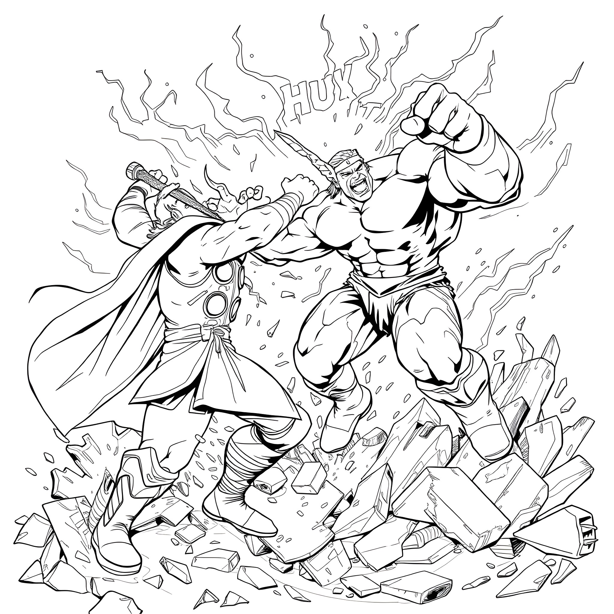 Thor's Mighty Clash with the Villain Coloring Page (free black-and-white line drawing printable PDF for all, from beginners to advanced learners, including children, teens, adults, and seniors)