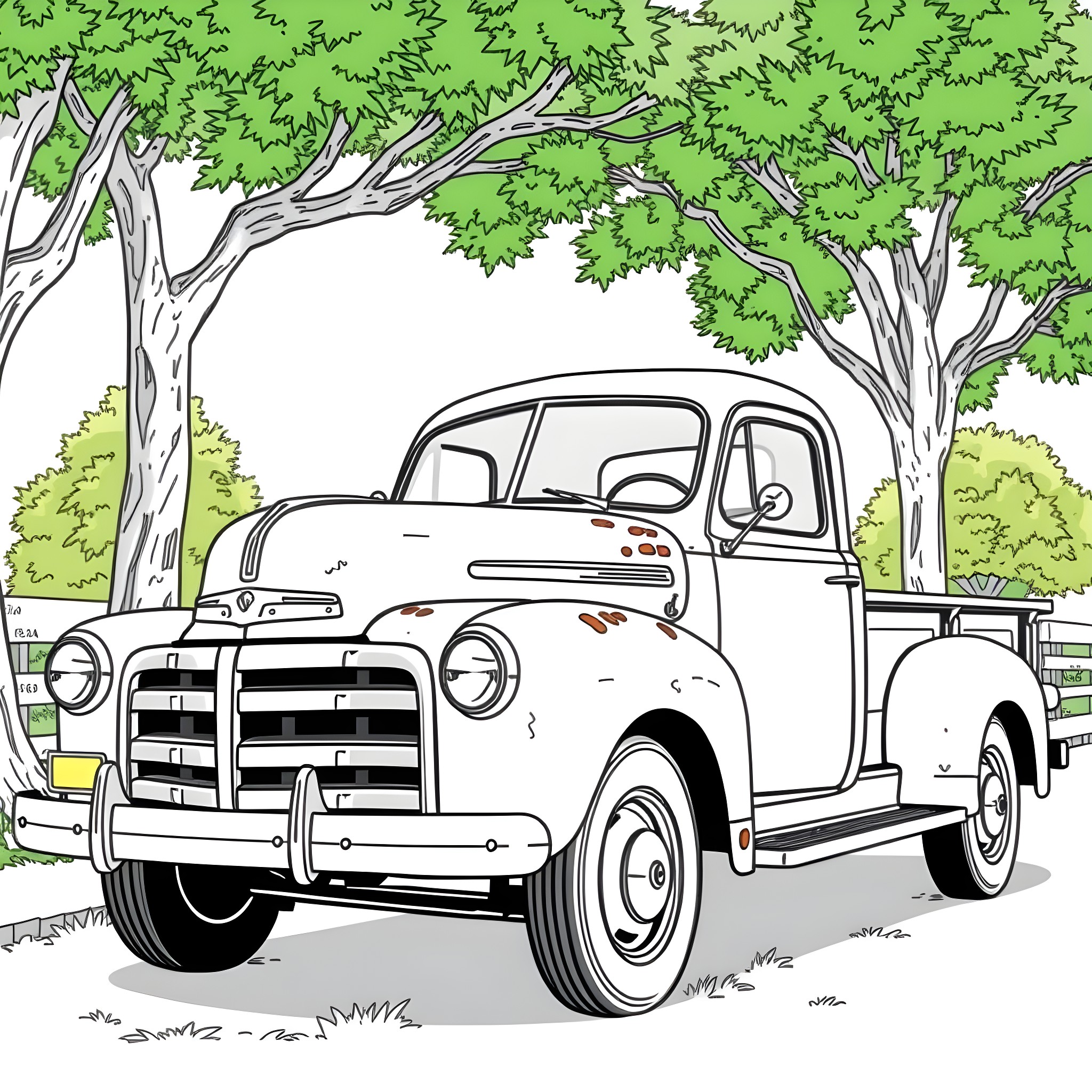 Truck in the serene forest landscape Coloring Page (free black-and-white line drawing printable PDF for all, from beginners to advanced learners, including children, teens, adults, and seniors)