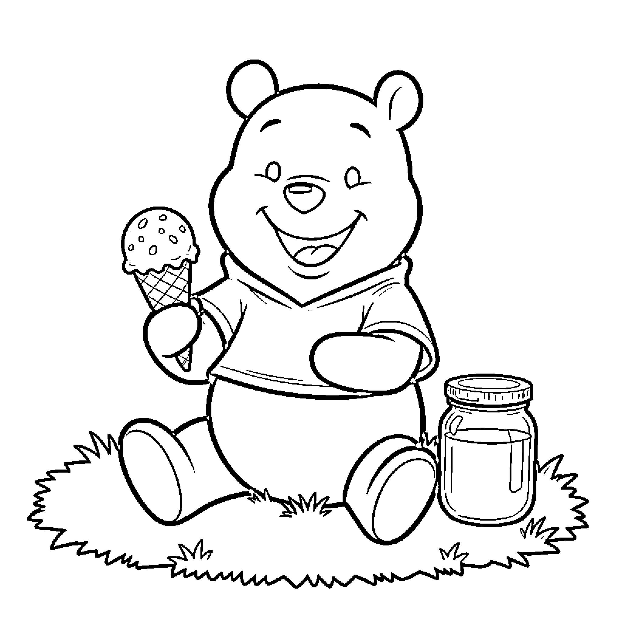 Pooh Bear happily eating ice cream near a jar Coloring Page (free black-and-white line drawing printable PDF for all, from beginners to advanced learners, including children, teens, adults, and seniors)