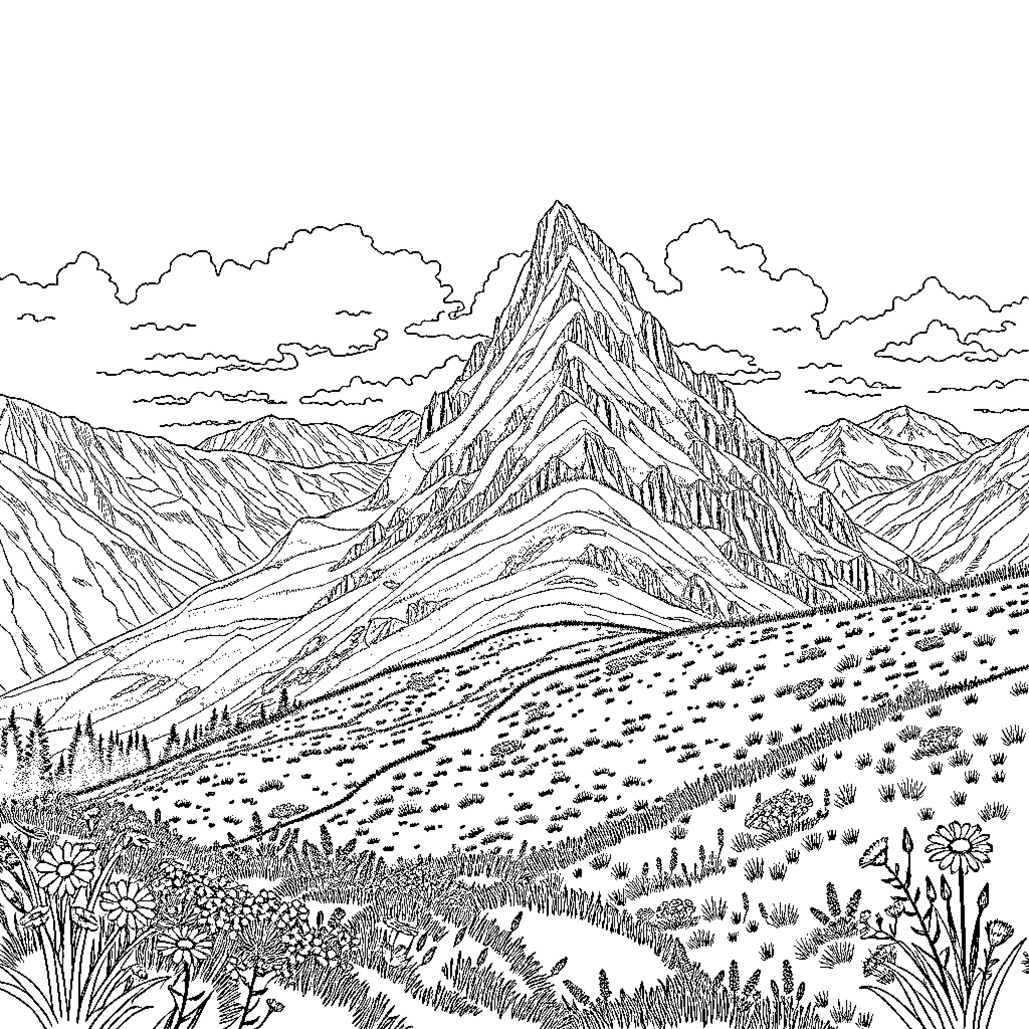 Chasseral's Majestic Mountain Landscape Coloring Page (free black-and-white line drawing printable PDF for all, from beginners to advanced learners, including children, teens, adults, and seniors)