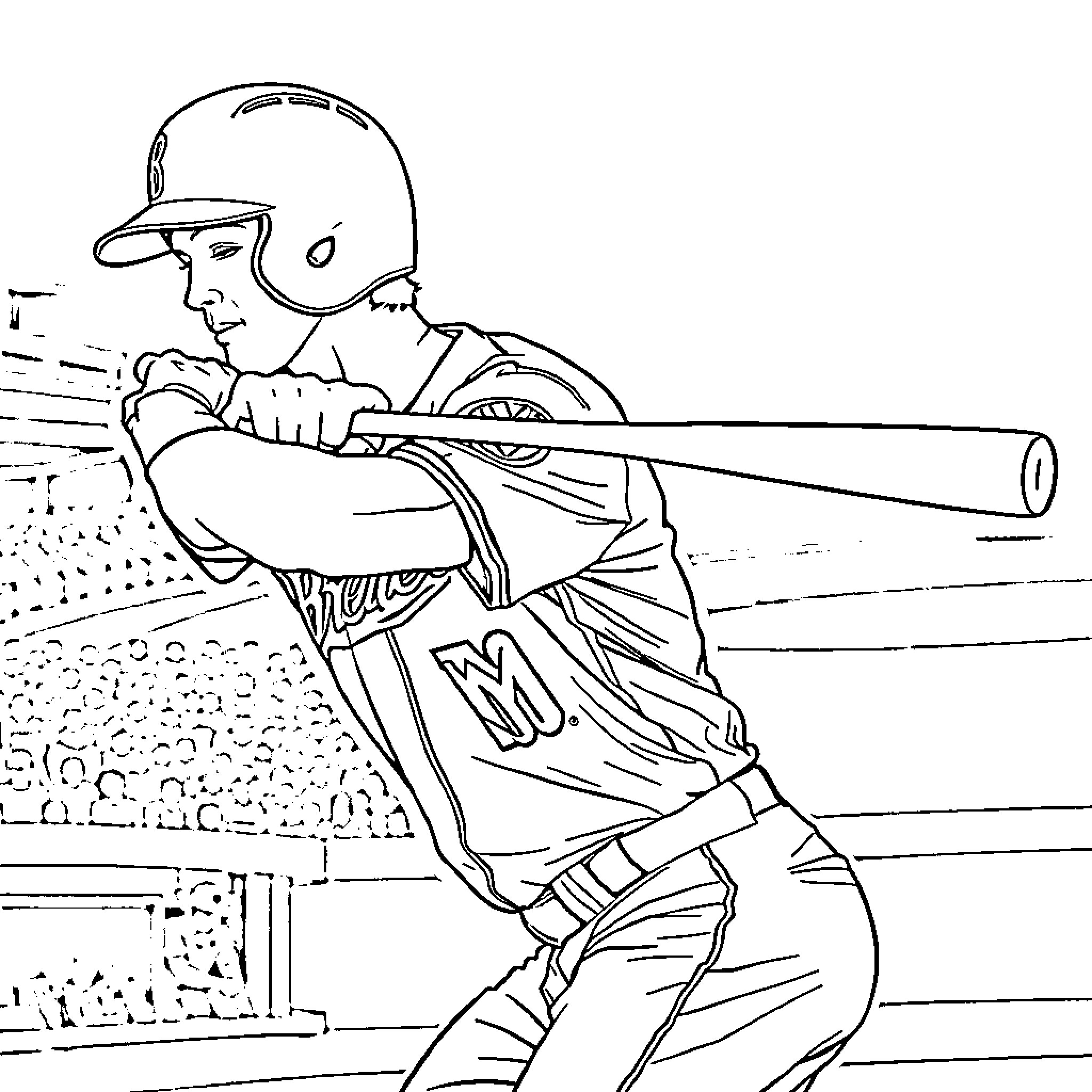 Christian Yelich batting in baseball stadium Coloring Page (free black-and-white line drawing printable PDF for all, from beginners to advanced learners, including children, teens, adults, and seniors)