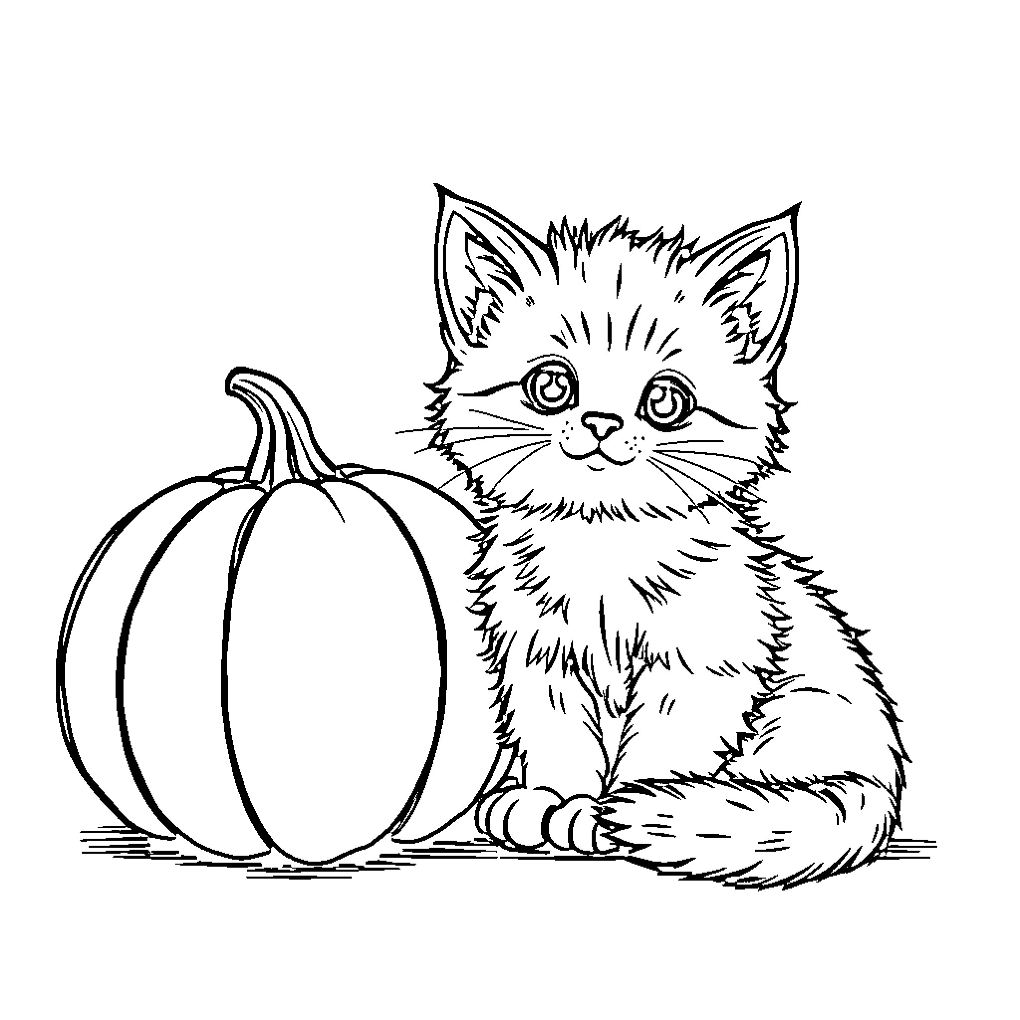 Kitty snuggling with pumpkin in autumn Coloring Page (free black-and-white line drawing printable PDF for all, from beginners to advanced learners, including children, teens, adults, and seniors)