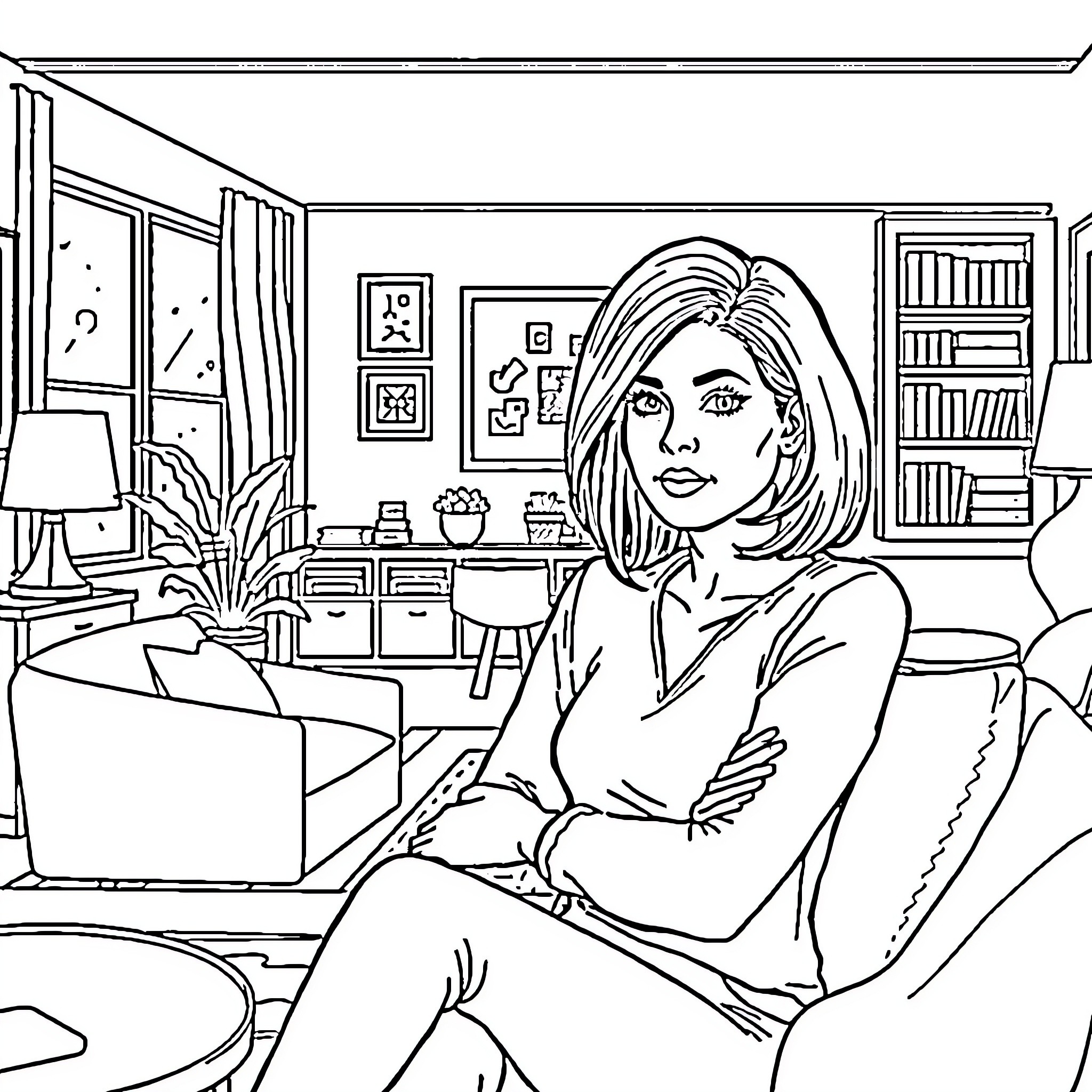 Therapist assisting client in comfortable office setting Coloring Page (free black-and-white line drawing printable PDF for all, from beginners to advanced learners, including children, teens, adults, and seniors)