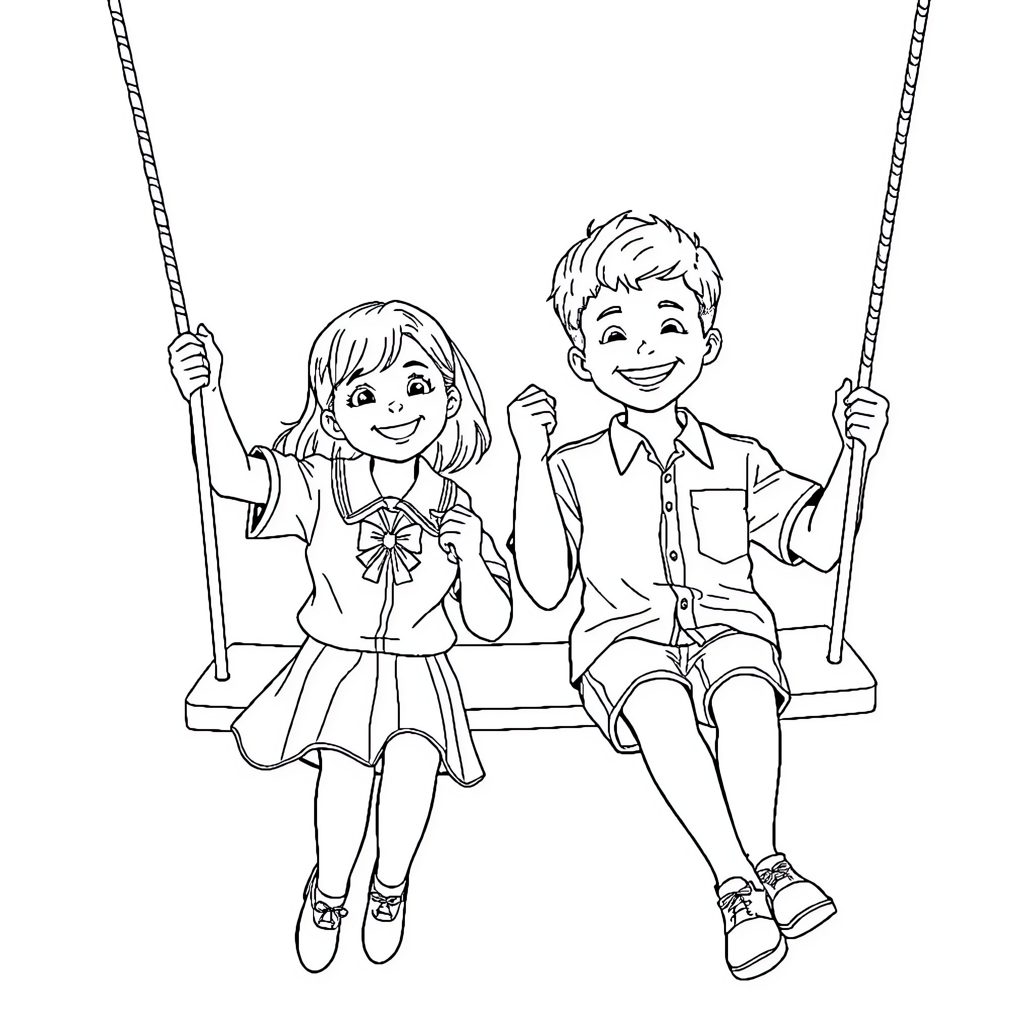 School Children Swinging Happily on Playground Coloring Page (free black-and-white line drawing printable PDF for all, from beginners to advanced learners, including children, teens, adults, and seniors)