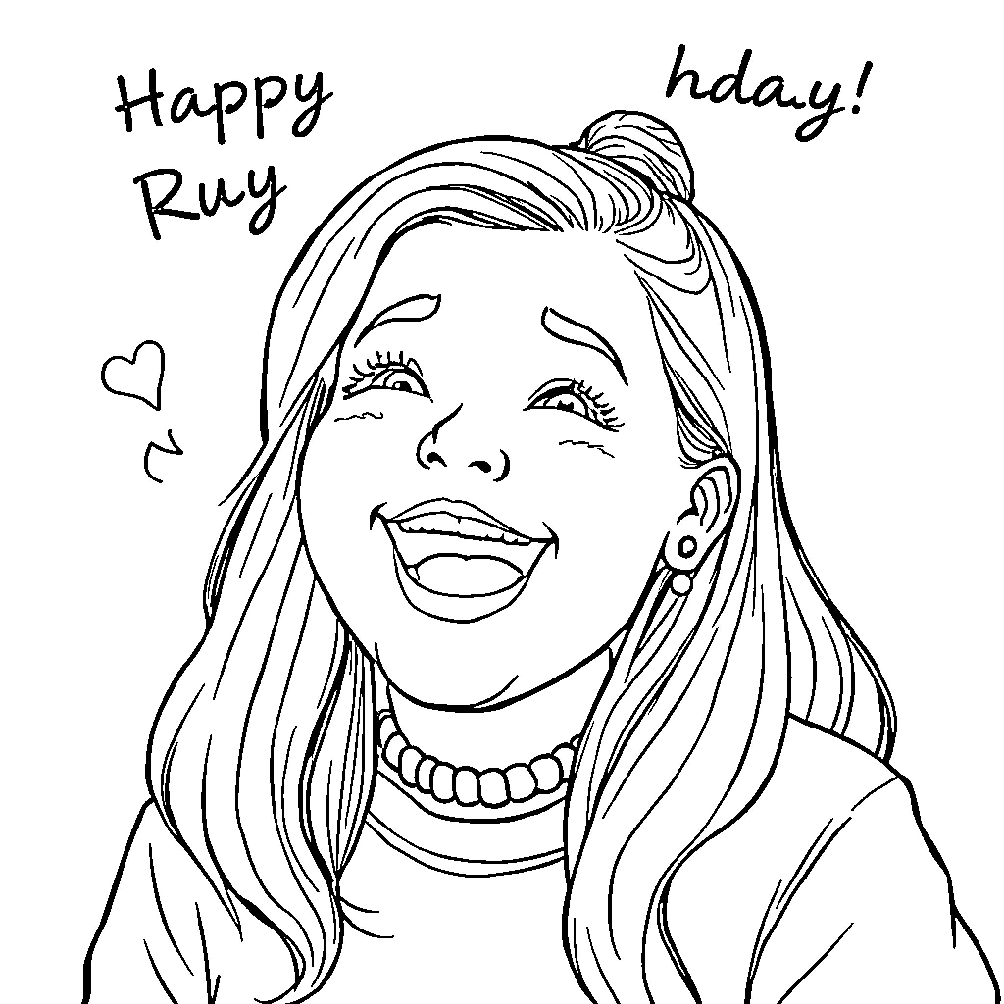Billie Eilish celebrates Happy Birthday with a joyful smile Coloring Page (free black-and-white line drawing printable PDF for all, from beginners to advanced learners, including children, teens, adults, and seniors)