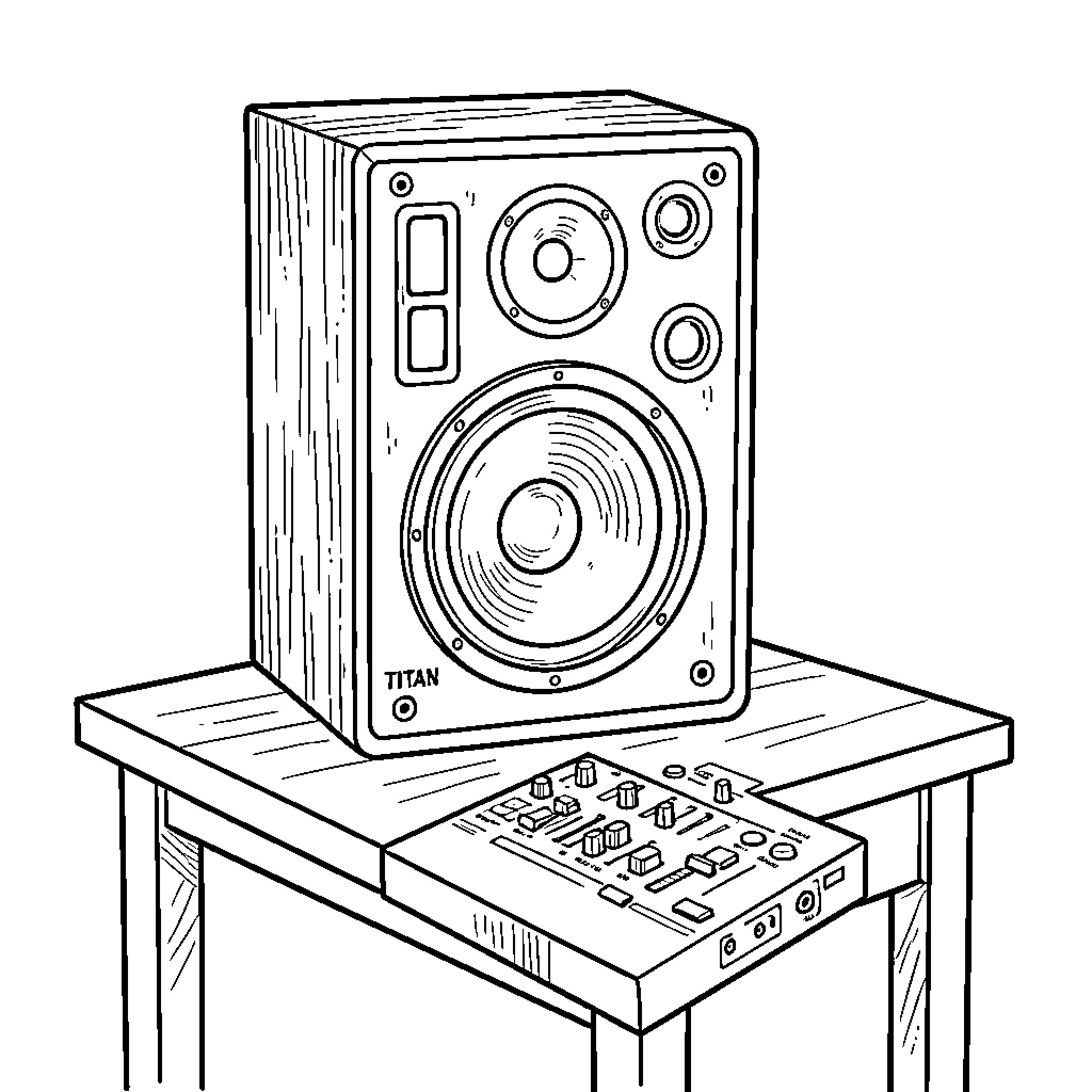 Titan speaker system sitting on a wooden table Coloring Page (free black-and-white line drawing printable PDF for all, from beginners to advanced learners, including children, teens, adults, and seniors)