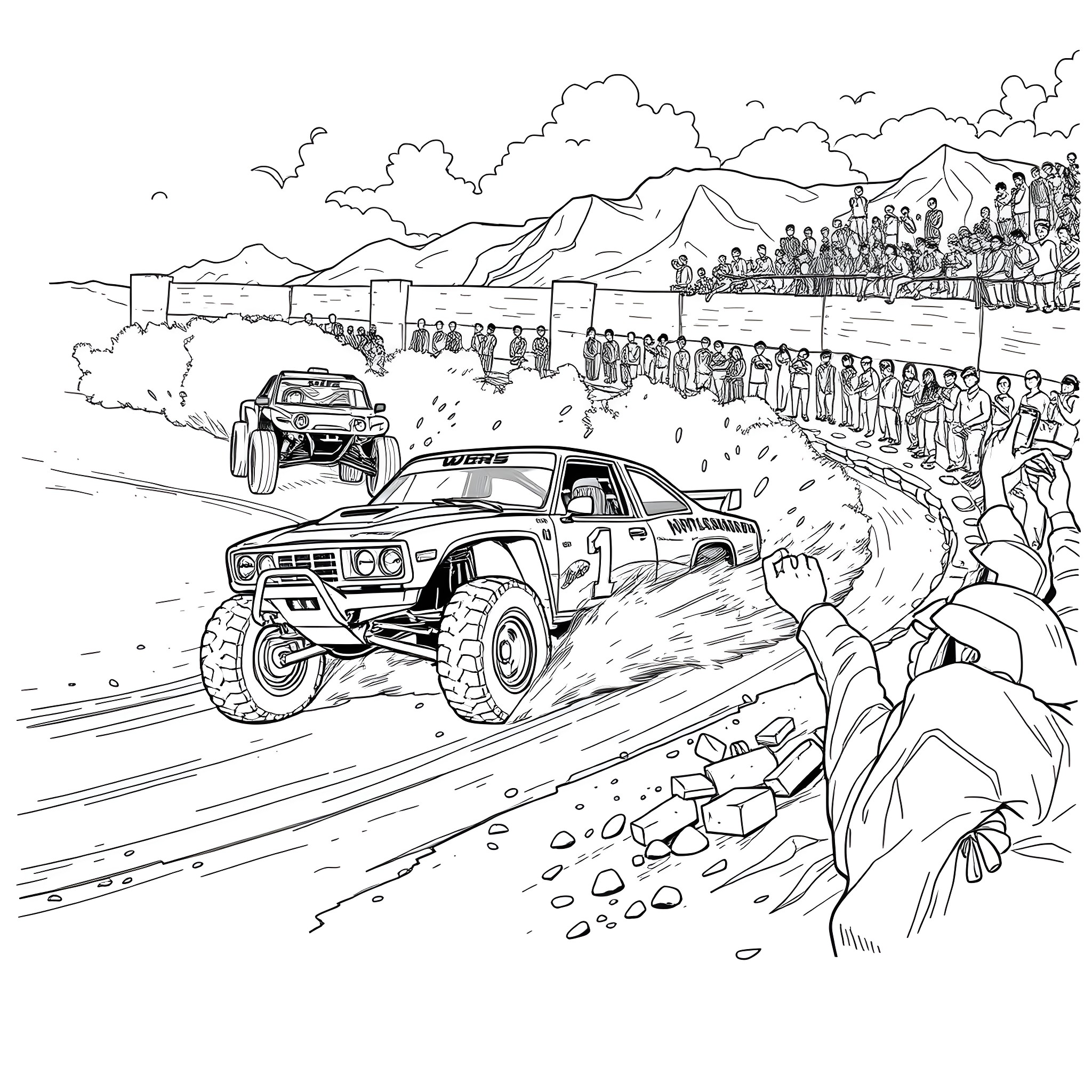 Dirt Car Racing with Crowds in the Mountains Coloring Page (free black-and-white line drawing printable PDF for all, from beginners to advanced learners, including children, teens, adults, and seniors)