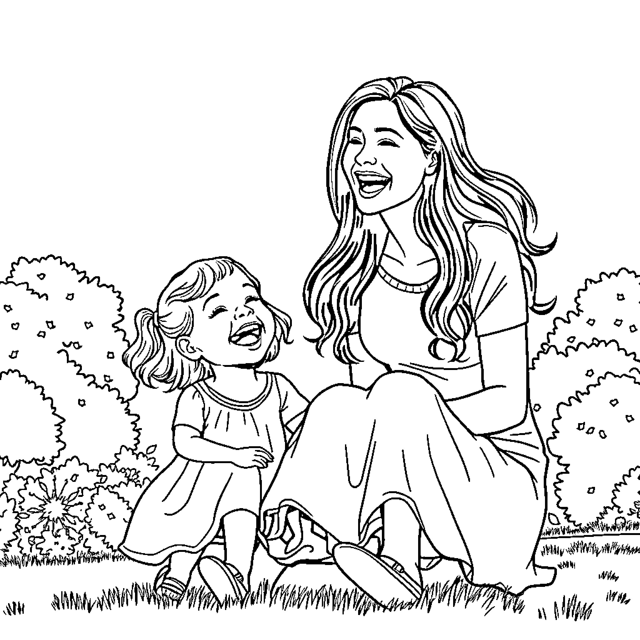 Mother and child playing joyfully in the park Coloring Page (free black-and-white line drawing printable PDF for all, from beginners to advanced learners, including children, teens, adults, and seniors)