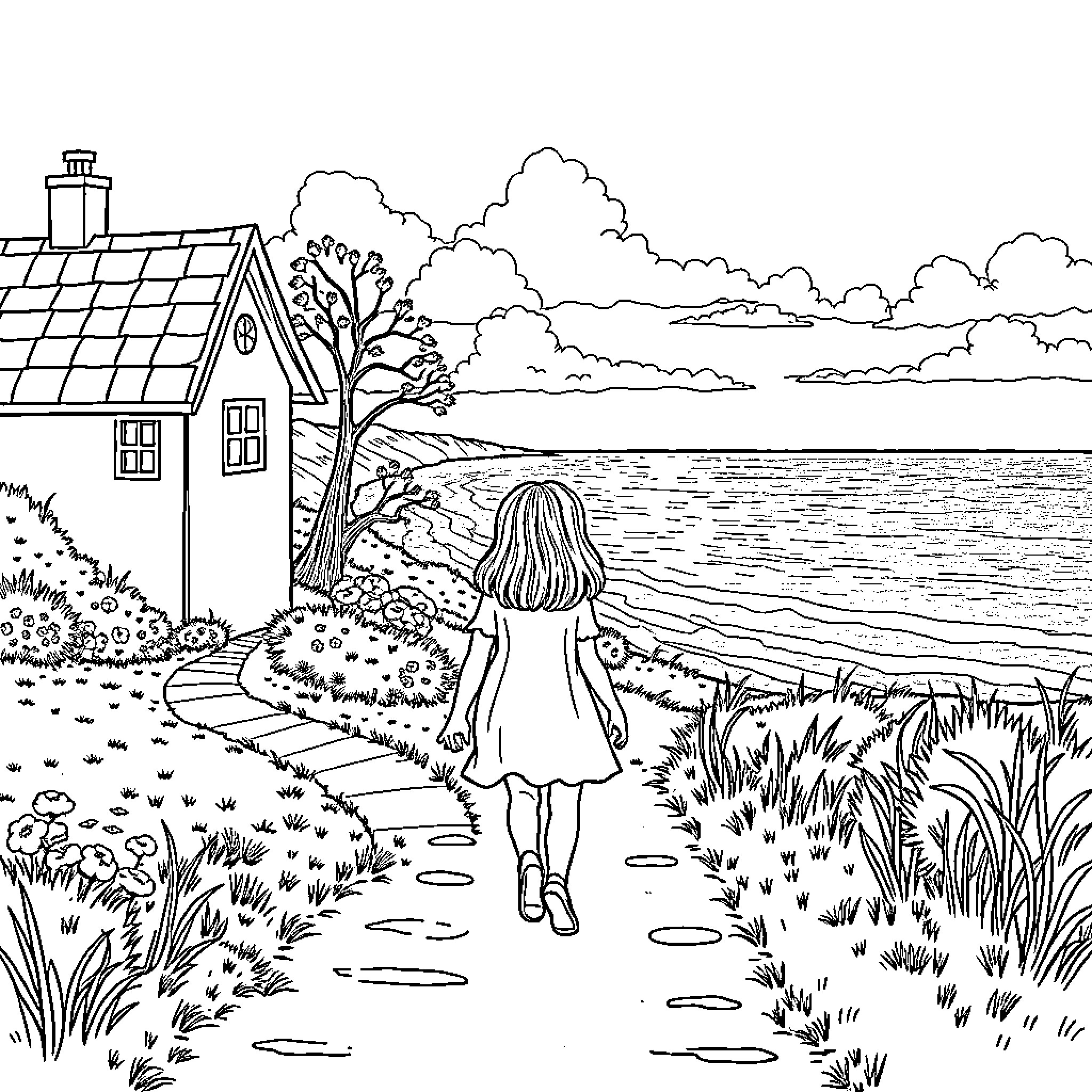 Girl walking along a scenic lakeside path Coloring Page (free black-and-white line drawing printable PDF for all, from beginners to advanced learners, including children, teens, adults, and seniors)