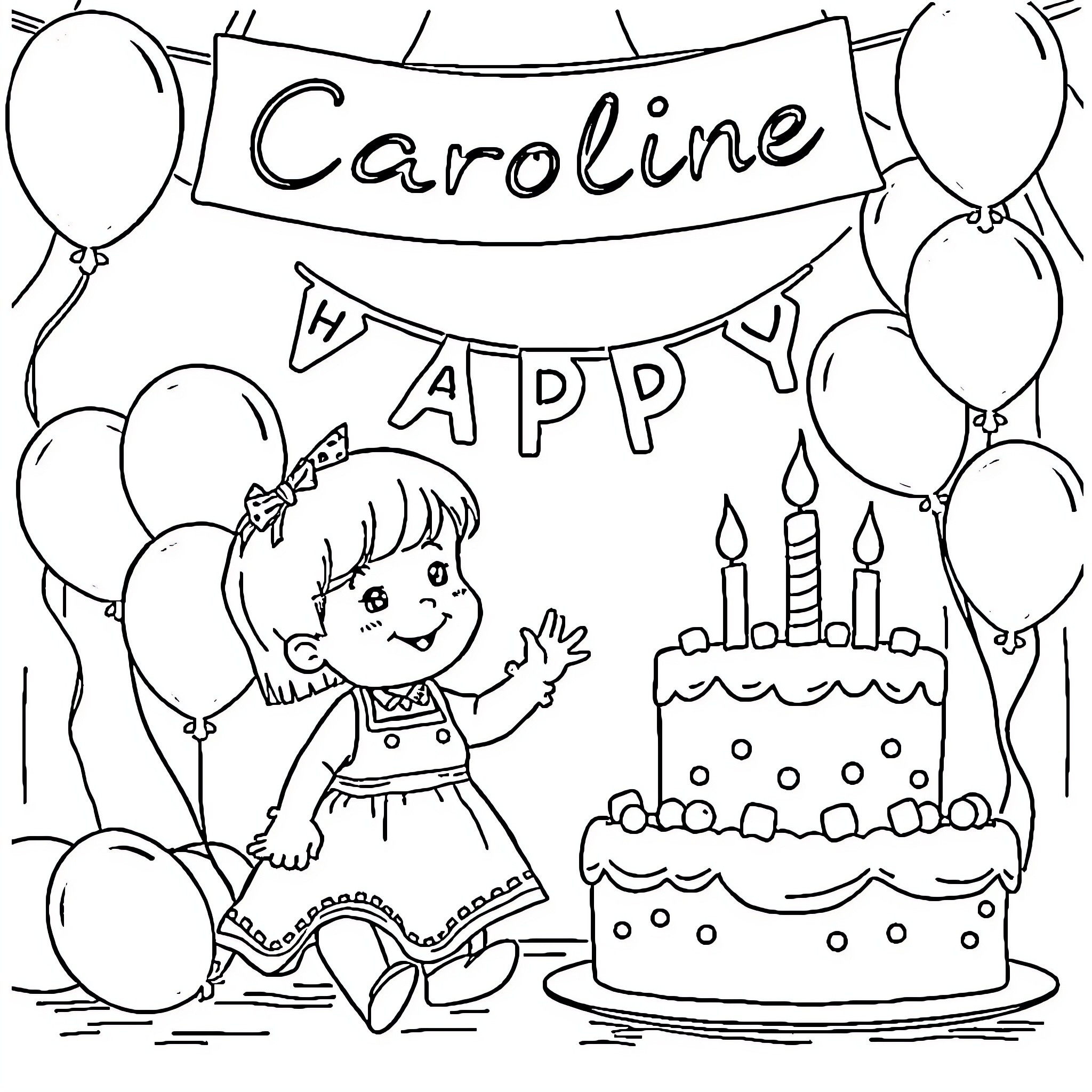 Birthday Celebration with Cake, Balloons, and a Girl Coloring Page (free black-and-white line drawing printable PDF for all, from beginners to advanced learners, including children, teens, adults, and seniors)